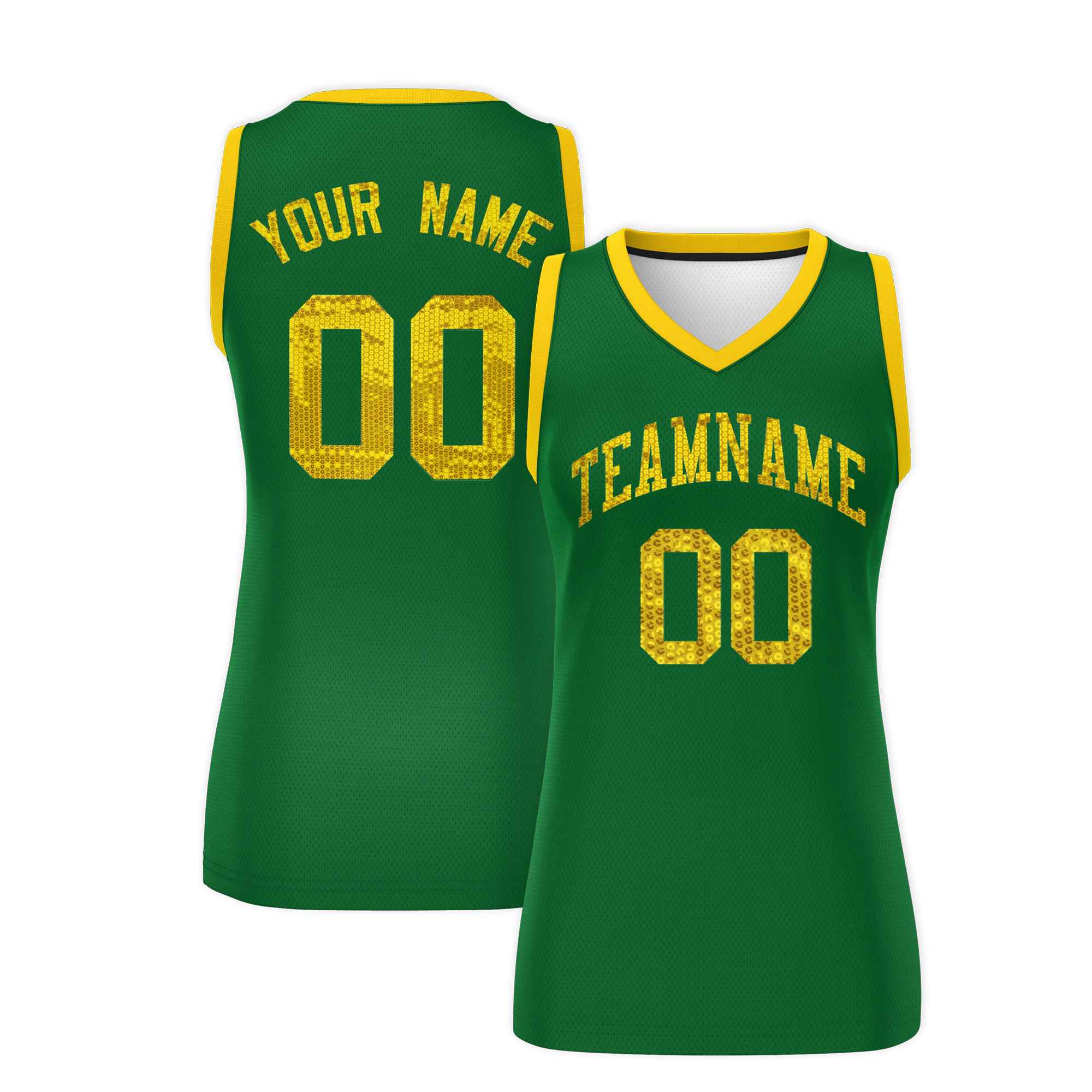 Custom Kelly Green Gold Women Basketball Jersey Sequined Dress