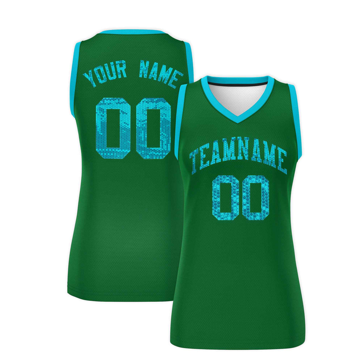 Custom Kelly Green Sky Blue Women Basketball Jersey Sequined Dress