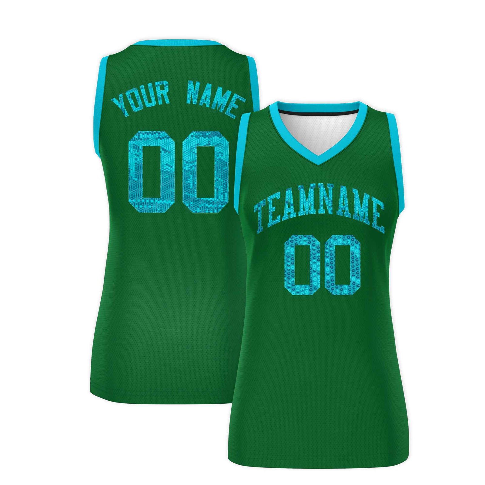 Custom Kelly Green Sky Blue Women Basketball Jersey Sequined Dress