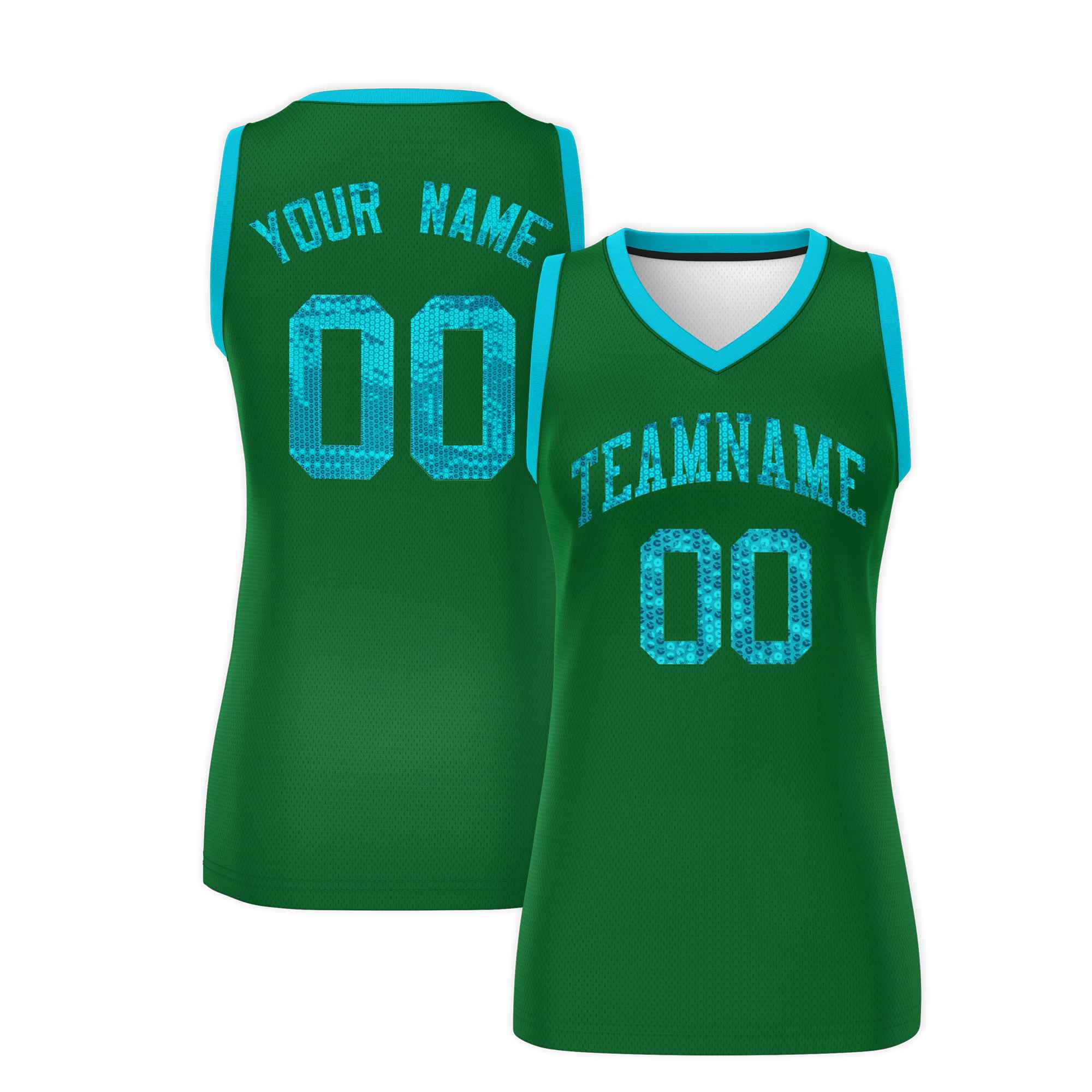 Custom Kelly Green Sky Blue Women Basketball Jersey Sequined Dress