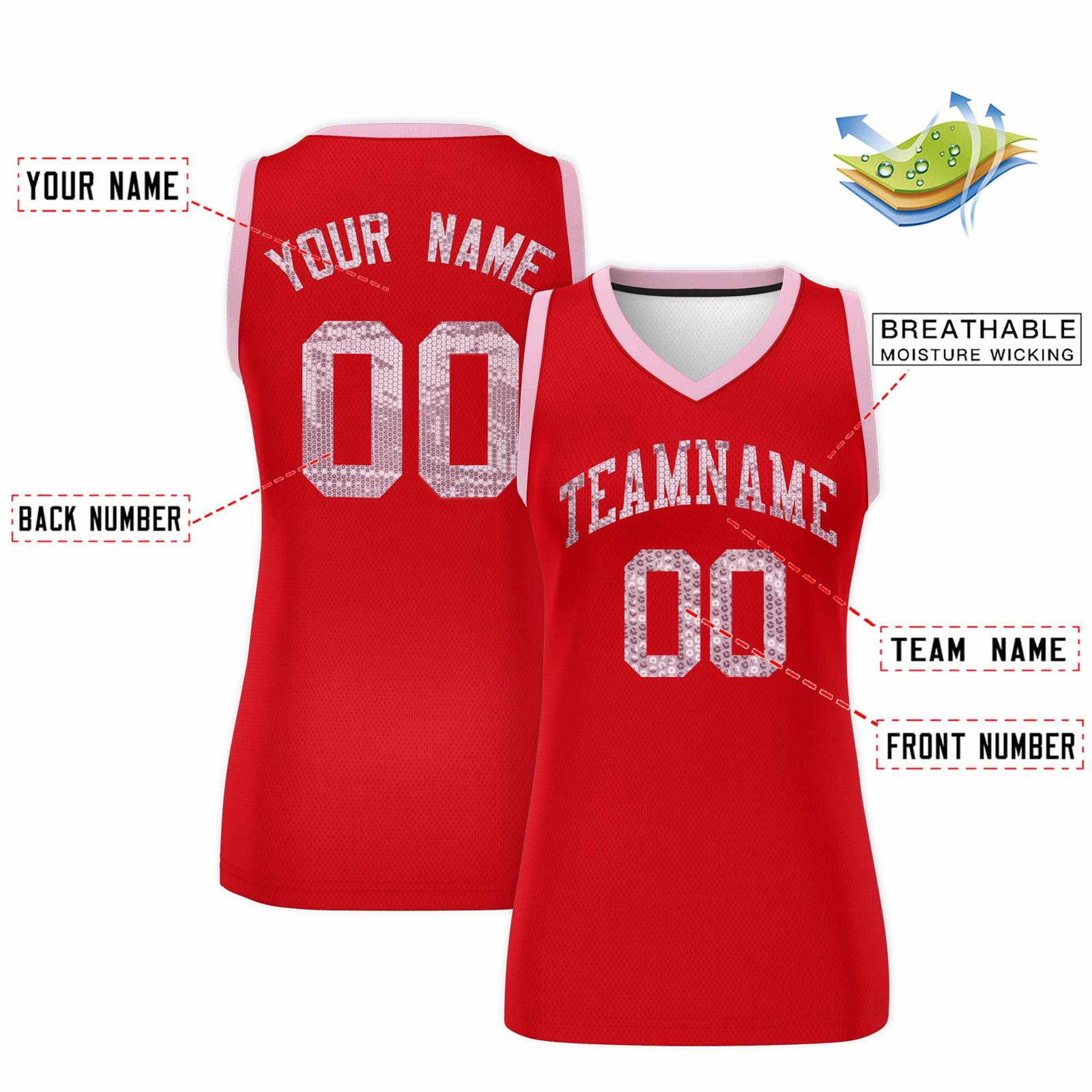Custom Red Light Pink Women Basketball Jersey Sequined Dress