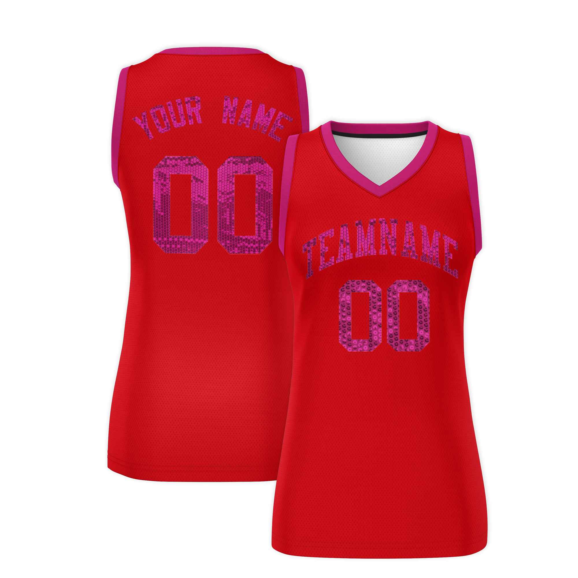 Custom Red Pink Women Basketball Jersey Sequined Dress