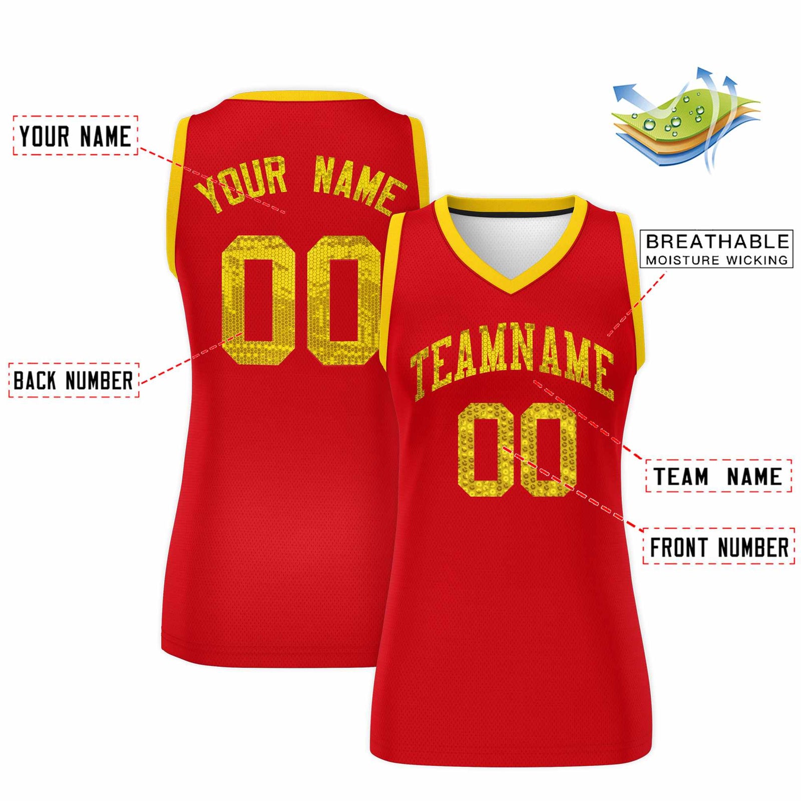 Custom Red Gold Women Basketball Jersey Sequined Dress