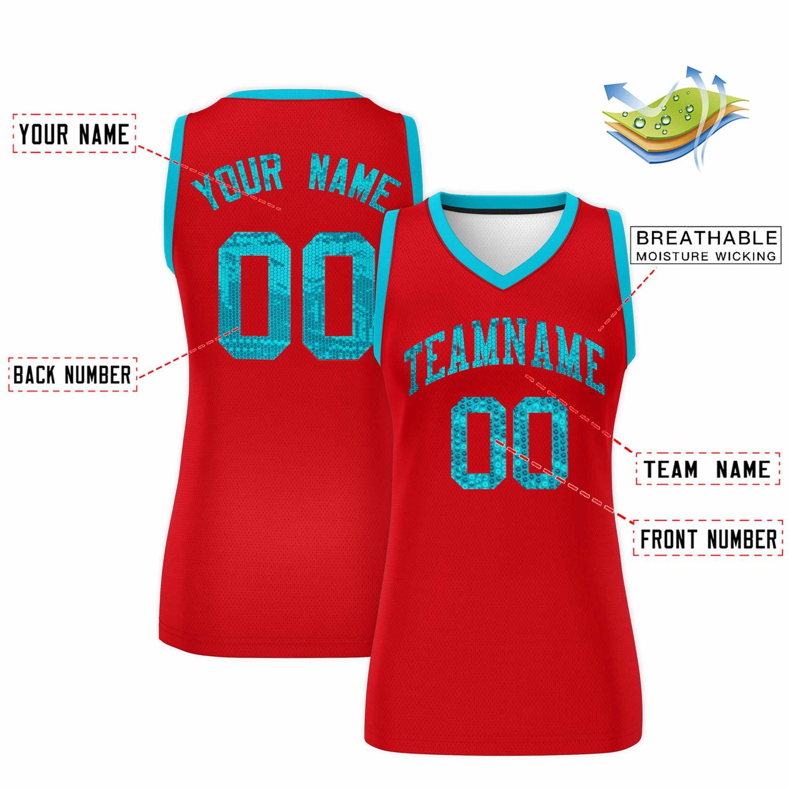 Custom Red Sky Blue Women Basketball Jersey Sequined Dress