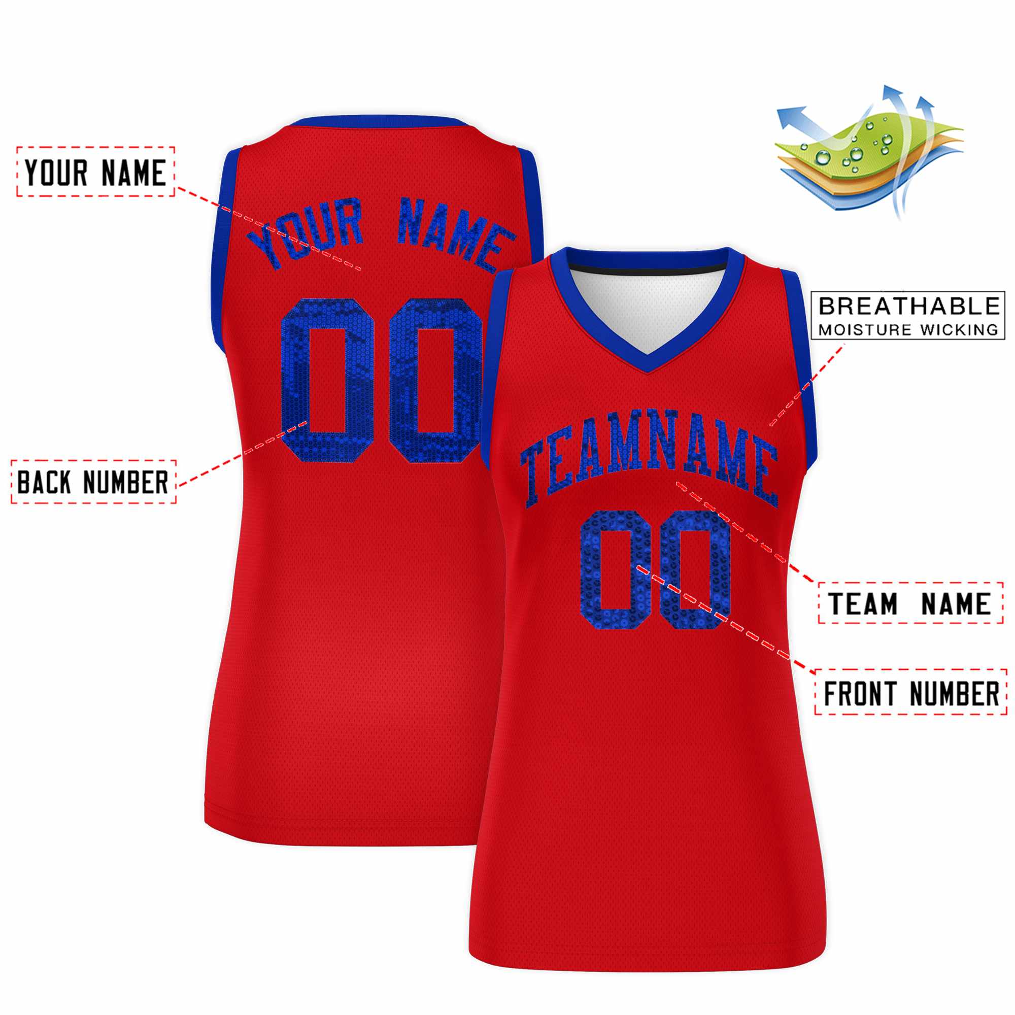 Custom Red Royal Women Basketball Jersey Sequined Dress