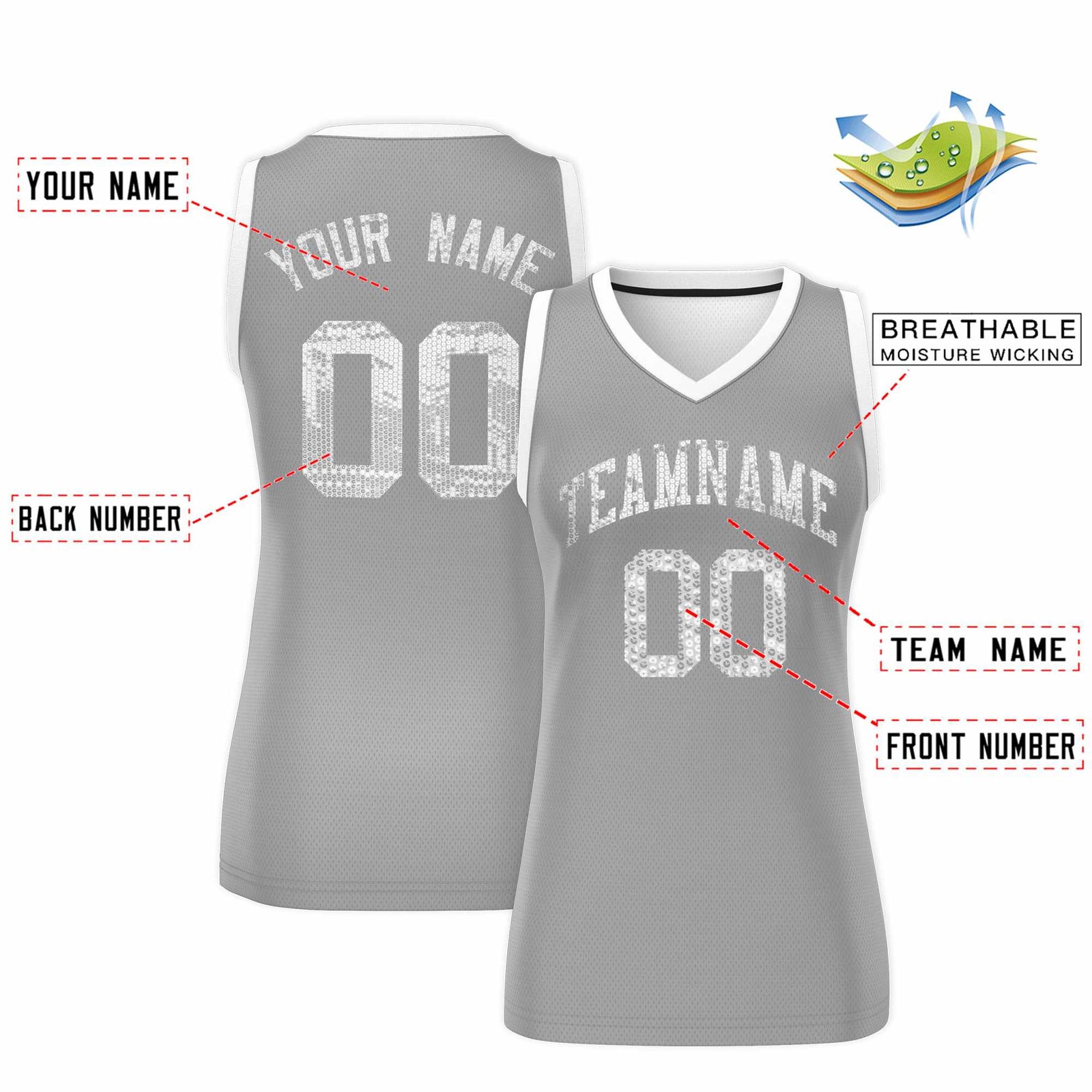 Custom Silver White Women Basketball Jersey Sequined Dress