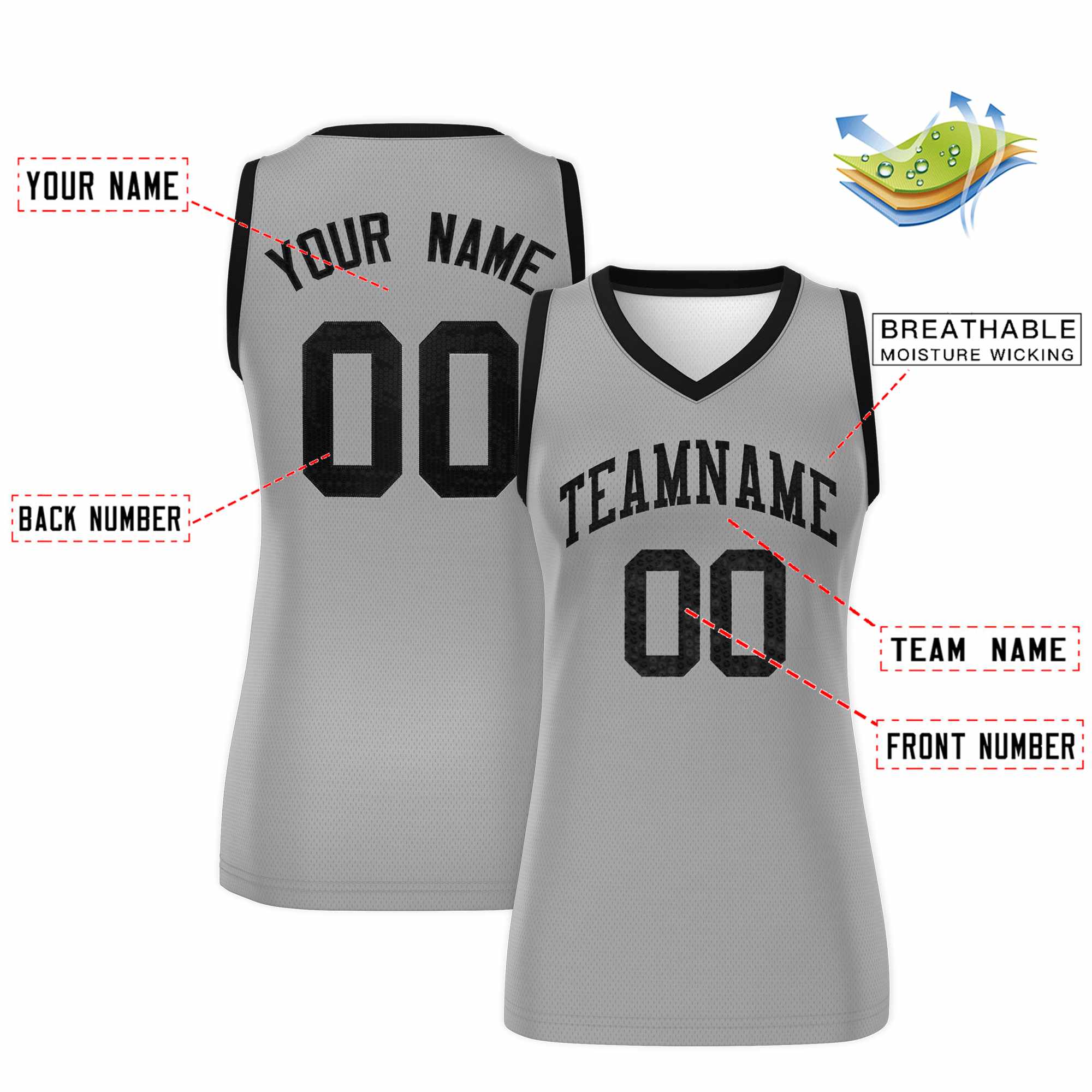 Custom Silver Black Women Basketball Jersey Sequined Dress