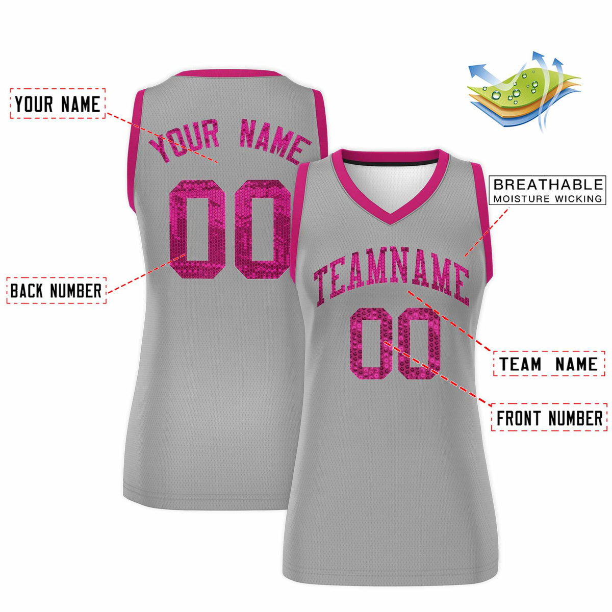 Custom Silver Pink Women Basketball Jersey Sequined Dress