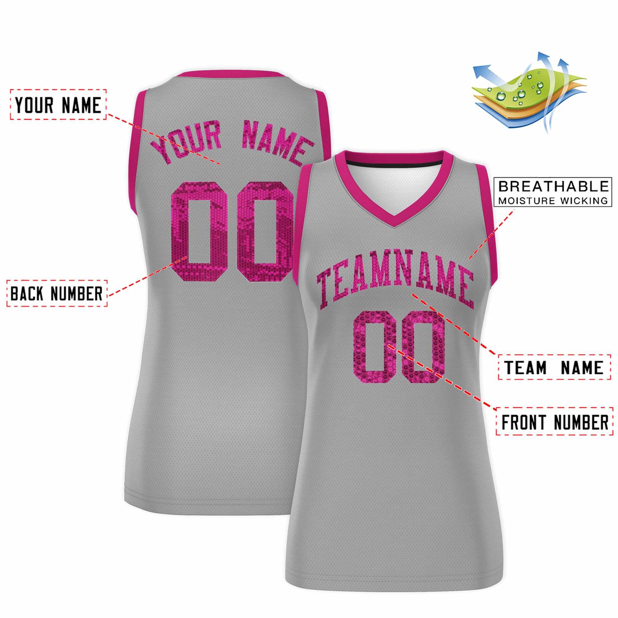 Custom Silver Pink Women Basketball Jersey Sequined Dress