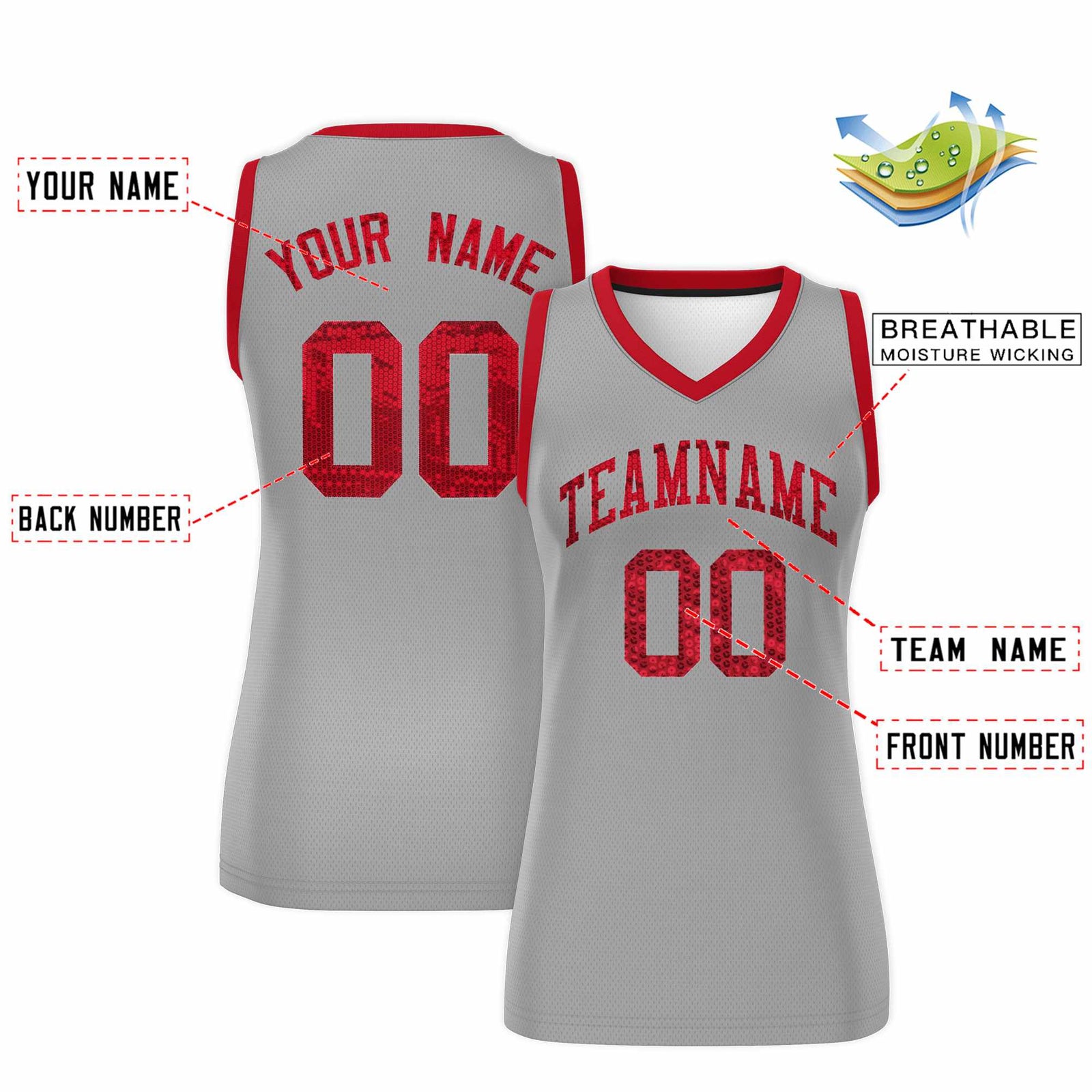Custom Silver Red Women Basketball Jersey Sequined Dress