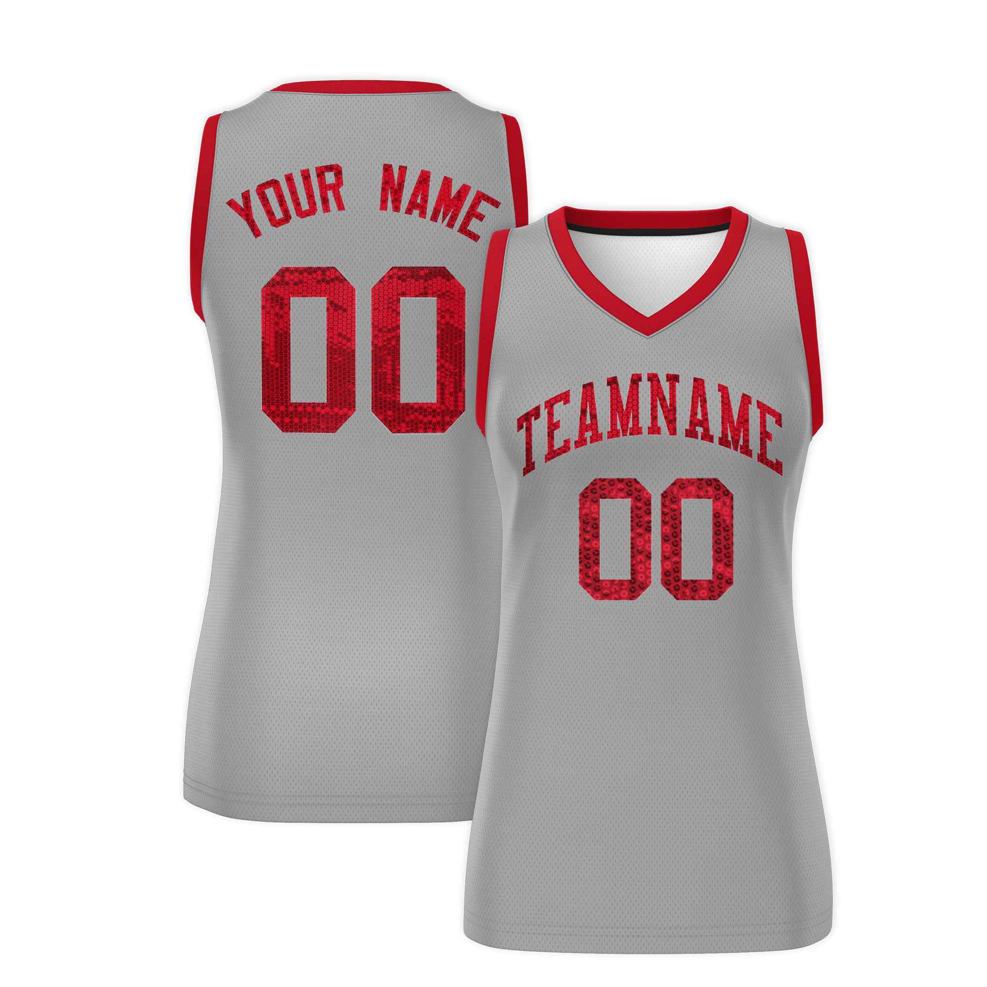 Custom Silver Red Women Basketball Jersey Sequined Dress