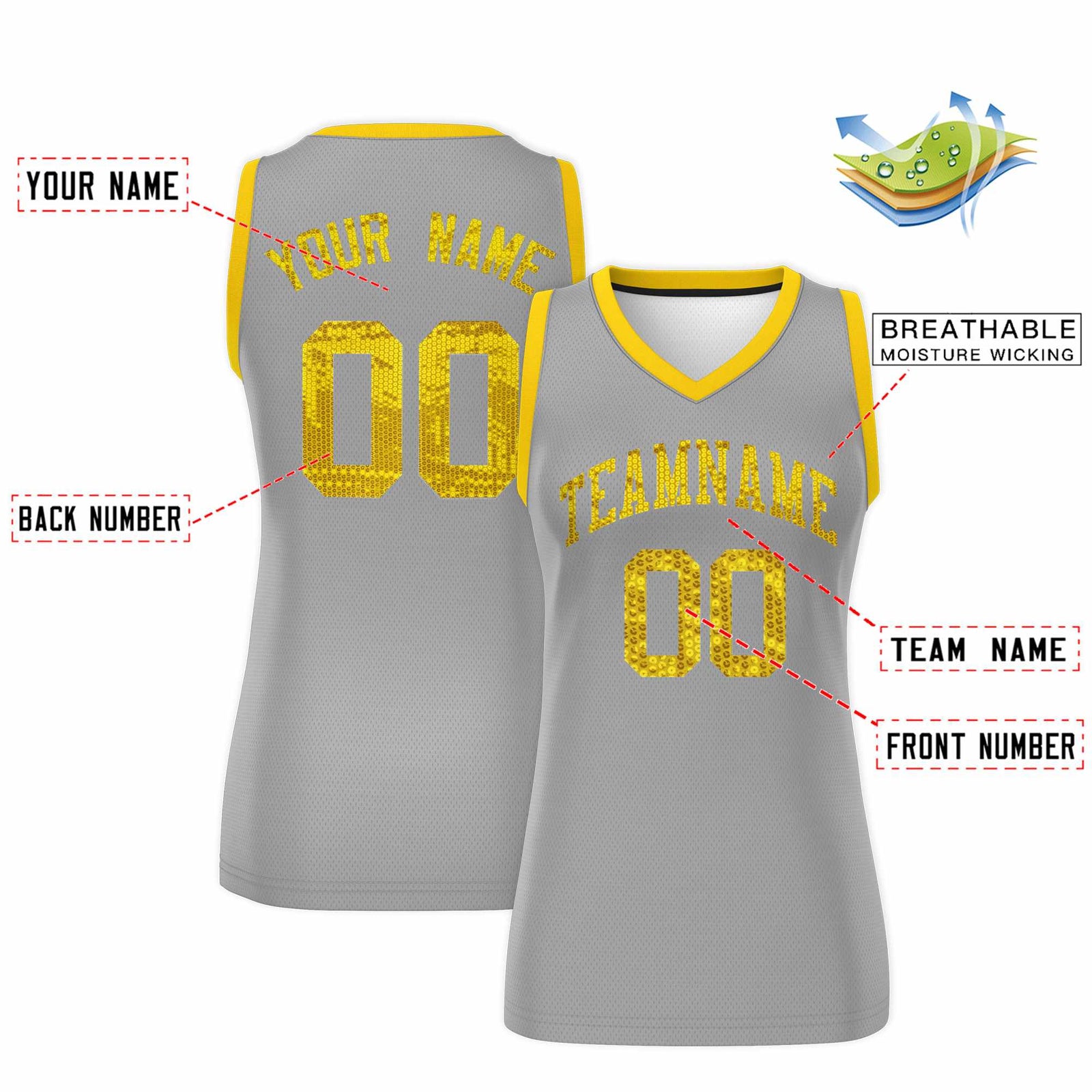 Custom Silver Gold Women Basketball Jersey Sequined Dress