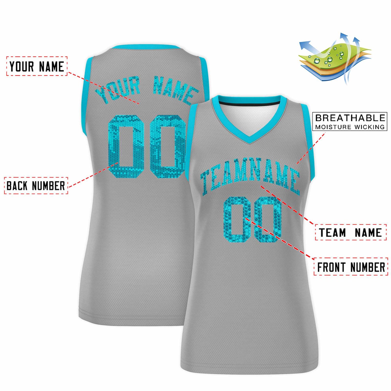 Custom Silver Sky Blue Women Basketball Jersey Sequined Dress
