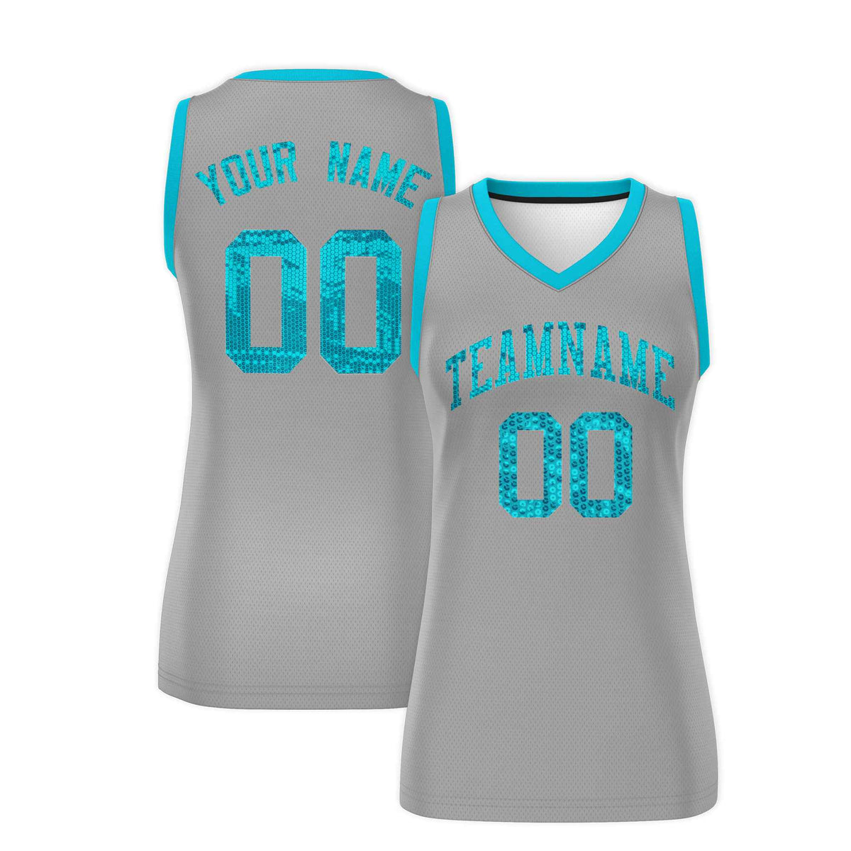 Custom Silver Sky Blue Women Basketball Jersey Sequined Dress