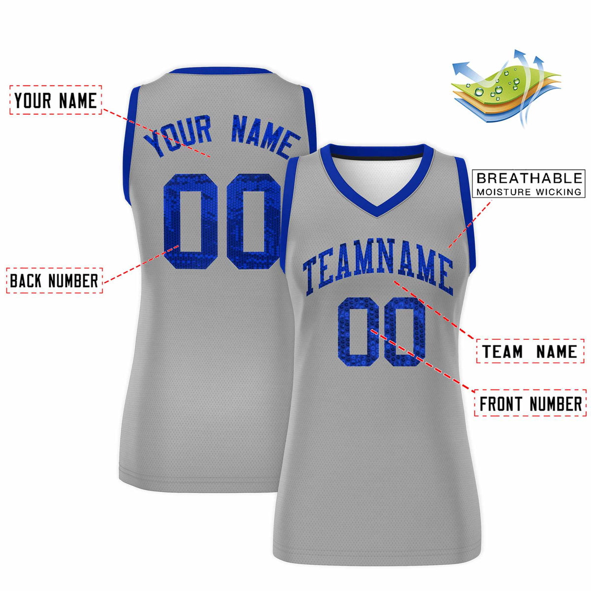 Custom Silver Royal Women Basketball Jersey Sequined Dress