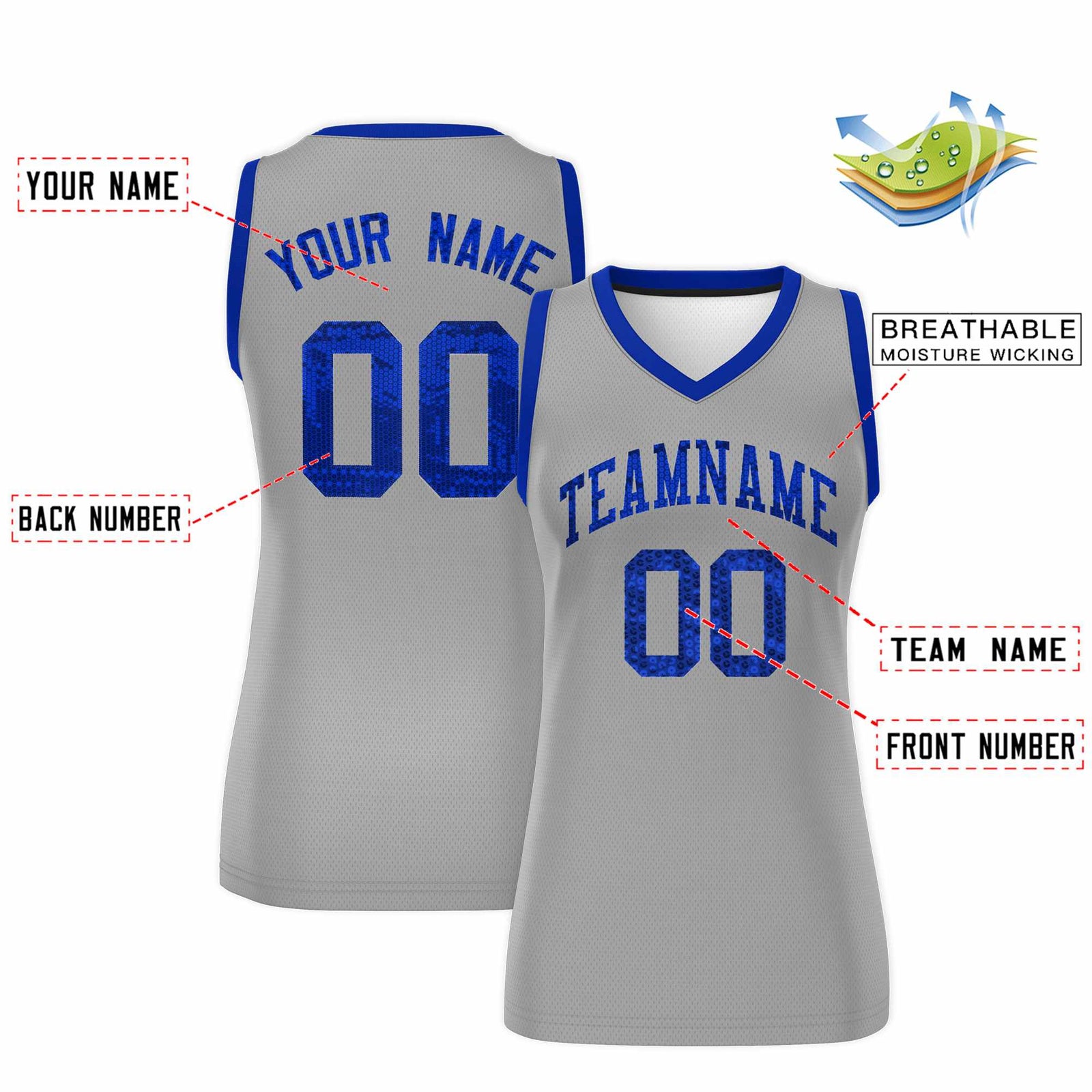 Custom Silver Royal Women Basketball Jersey Sequined Dress