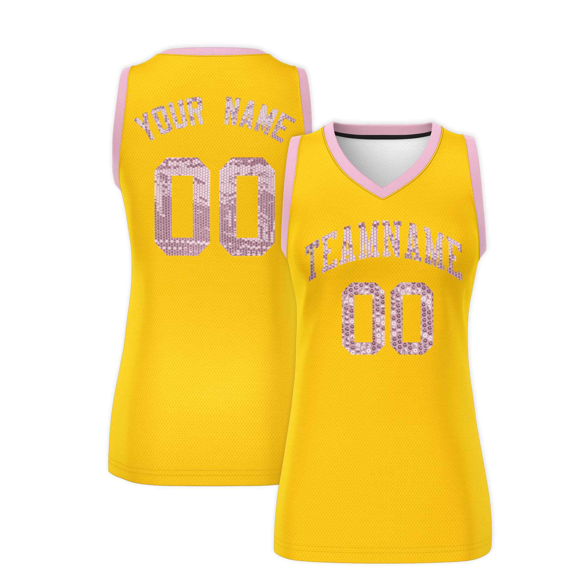 Custom Gold Light Pink Women Basketball Jersey Sequined Dress