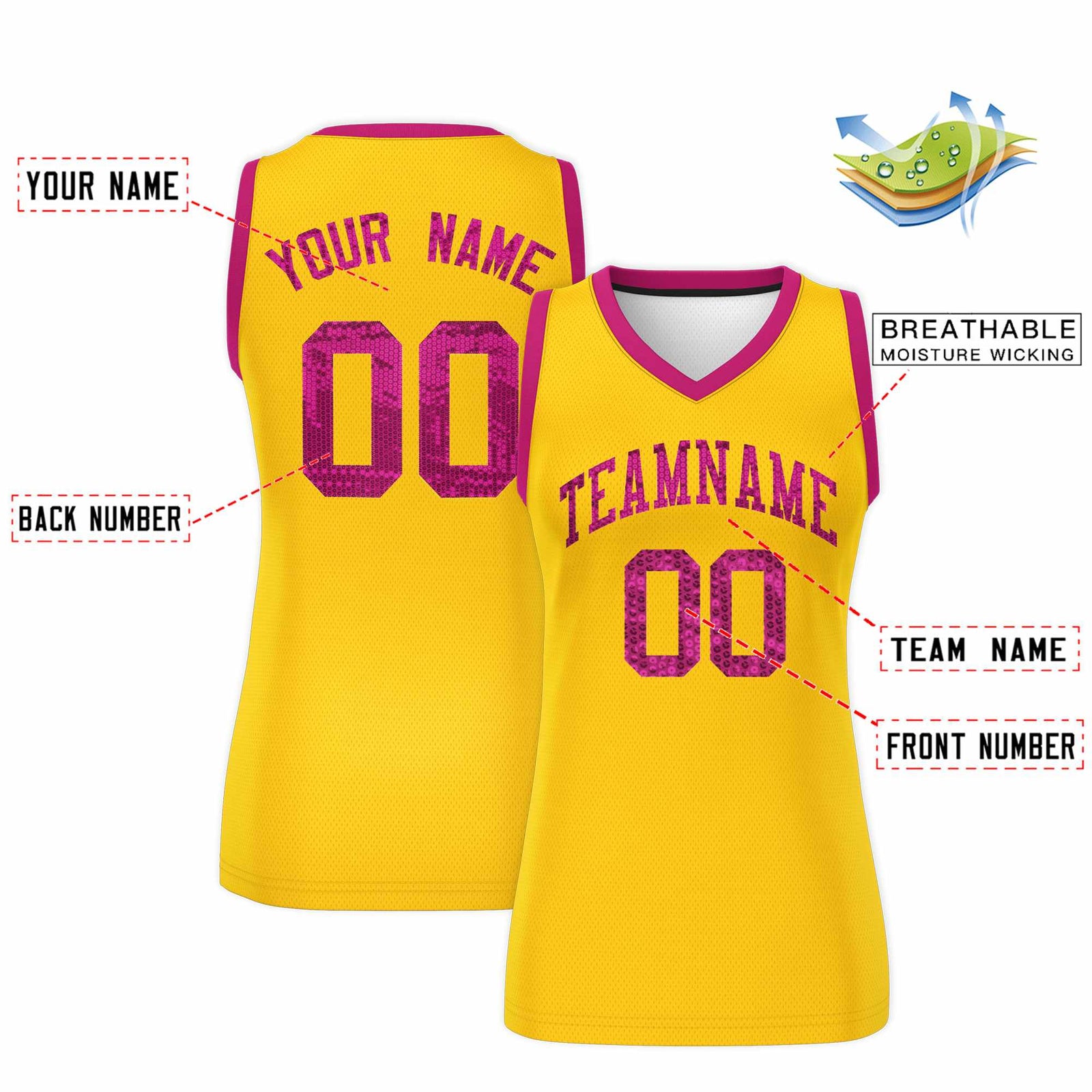 Custom Gold Pink Women Basketball Jersey Sequined Dress