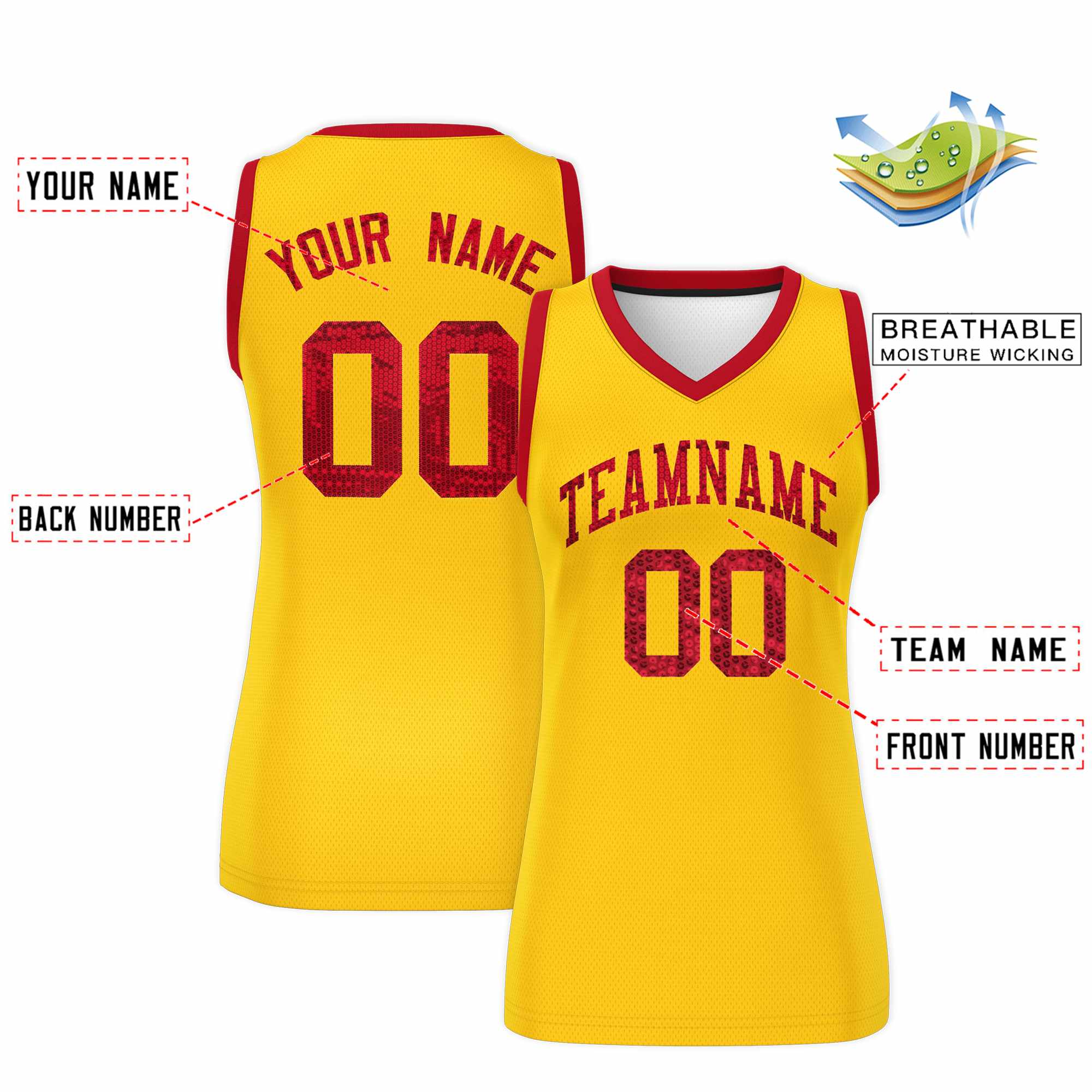 Custom Gold Red Women Basketball Jersey Sequined Dress