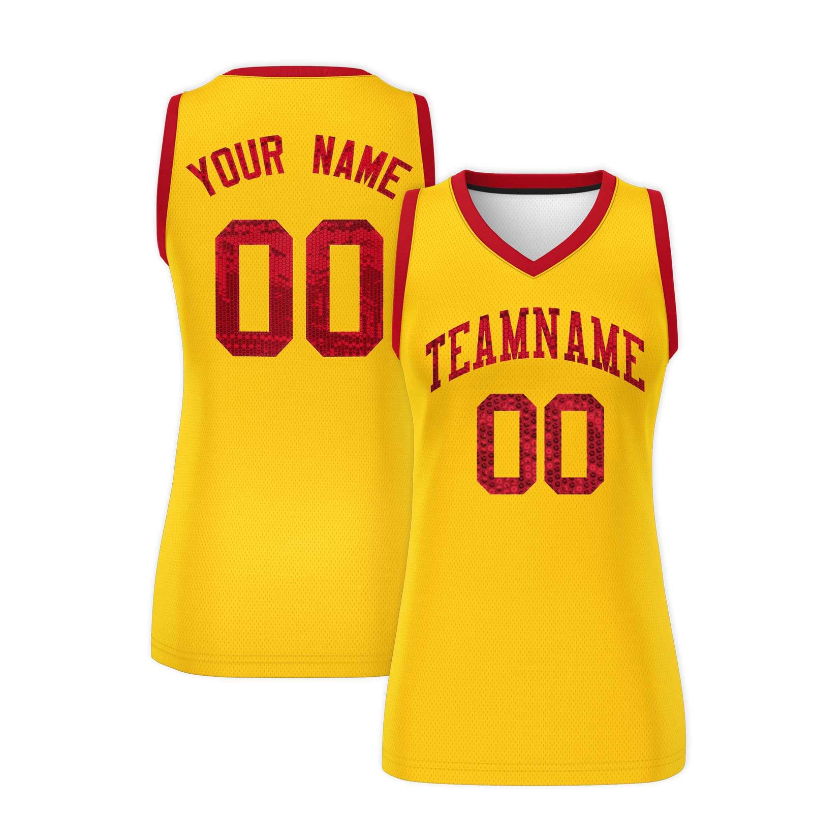 Custom Gold Red Women Basketball Jersey Sequined Dress