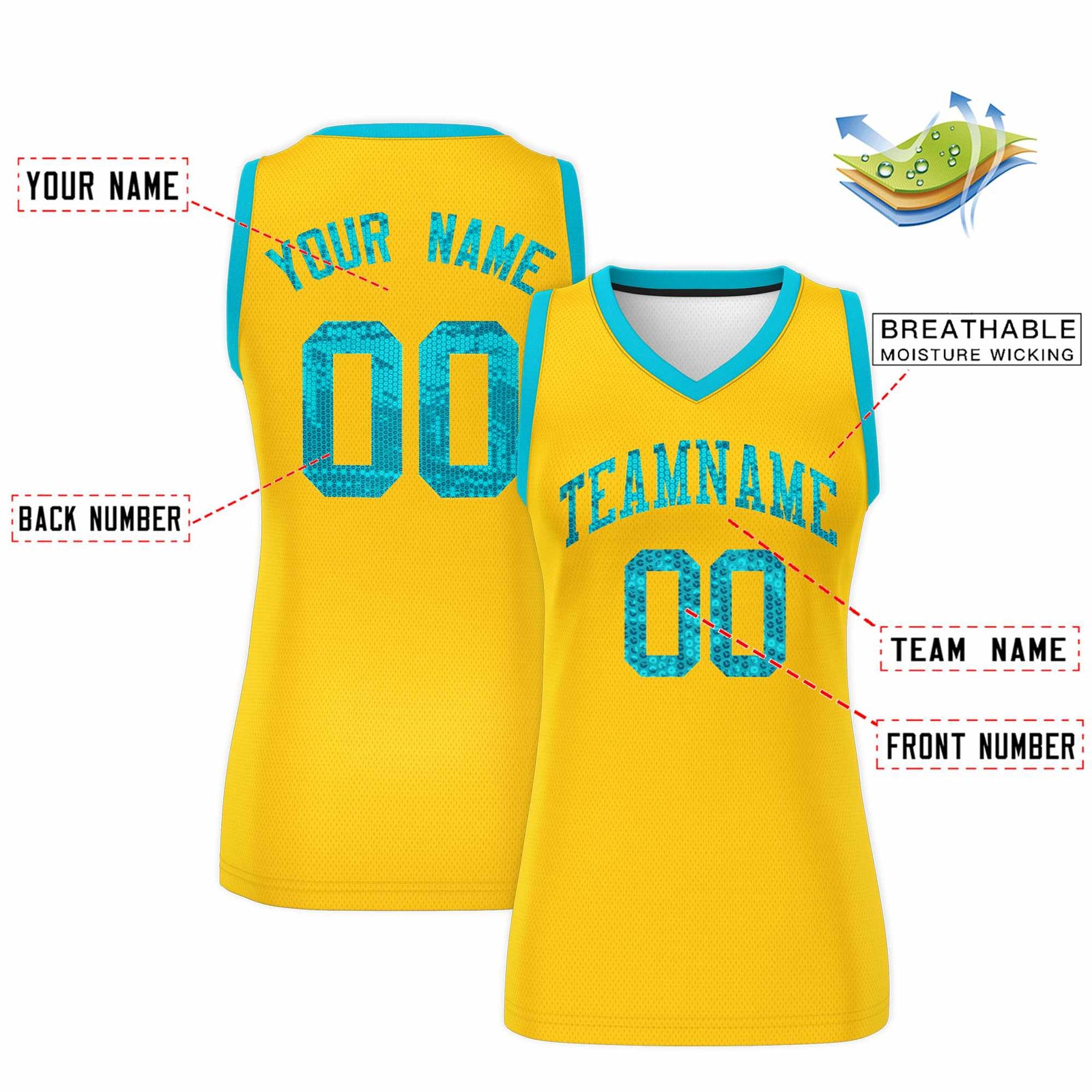 Custom Gold Sky Blue Women Basketball Jersey Sequined Dress
