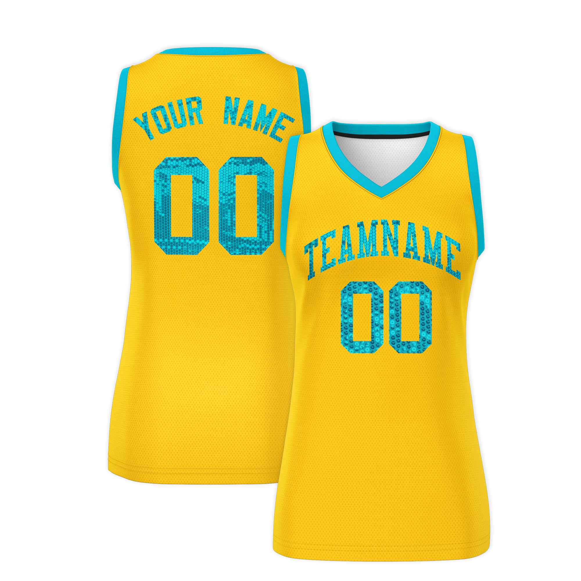 Custom Gold Sky Blue Women Basketball Jersey Sequined Dress