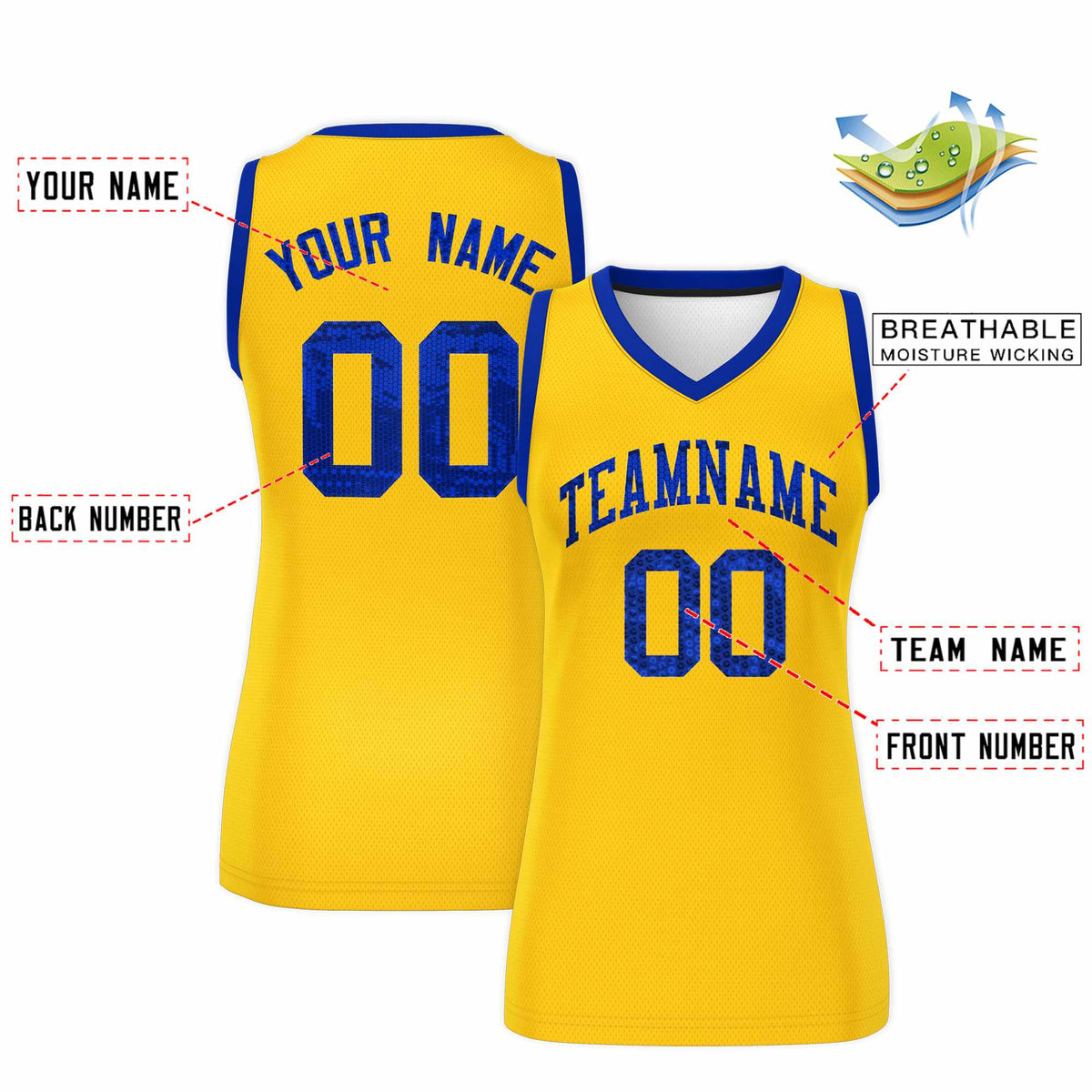 Custom Gold Royal Women Basketball Jersey Sequined Dress