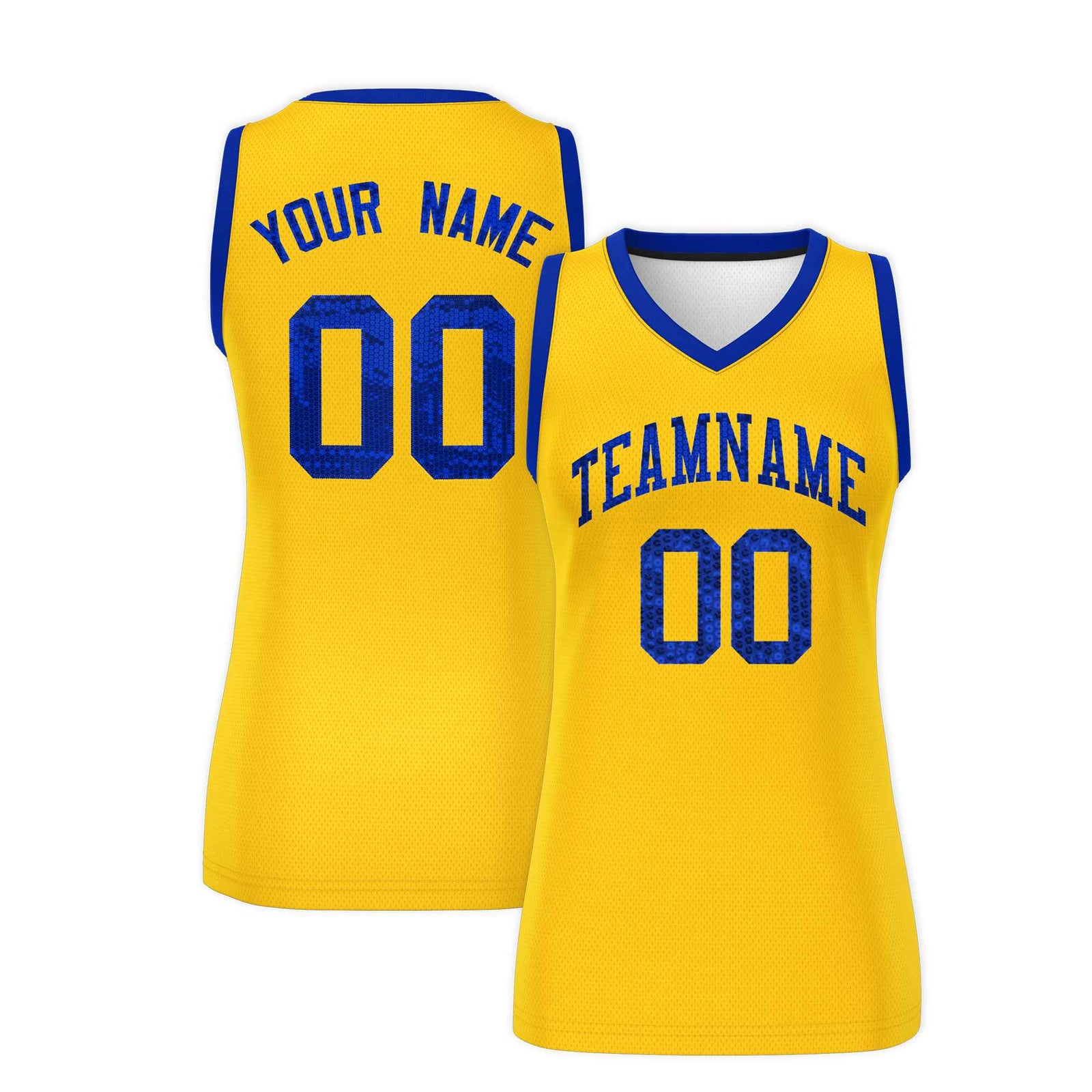 Custom Gold Royal Women Basketball Jersey Sequined Dress