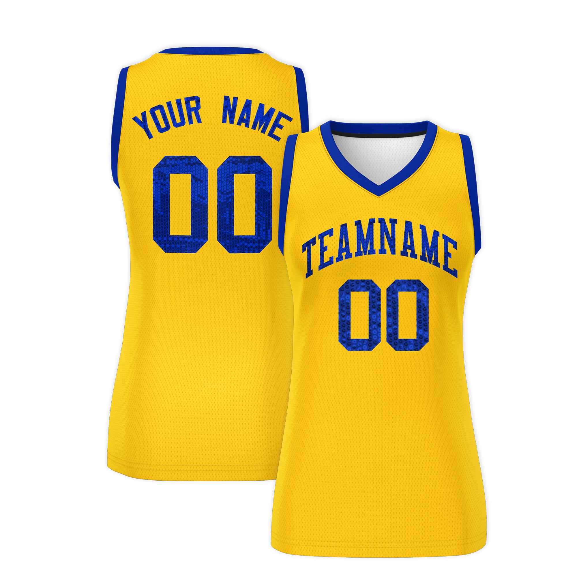 Custom Gold Royal Women Basketball Jersey Sequined Dress