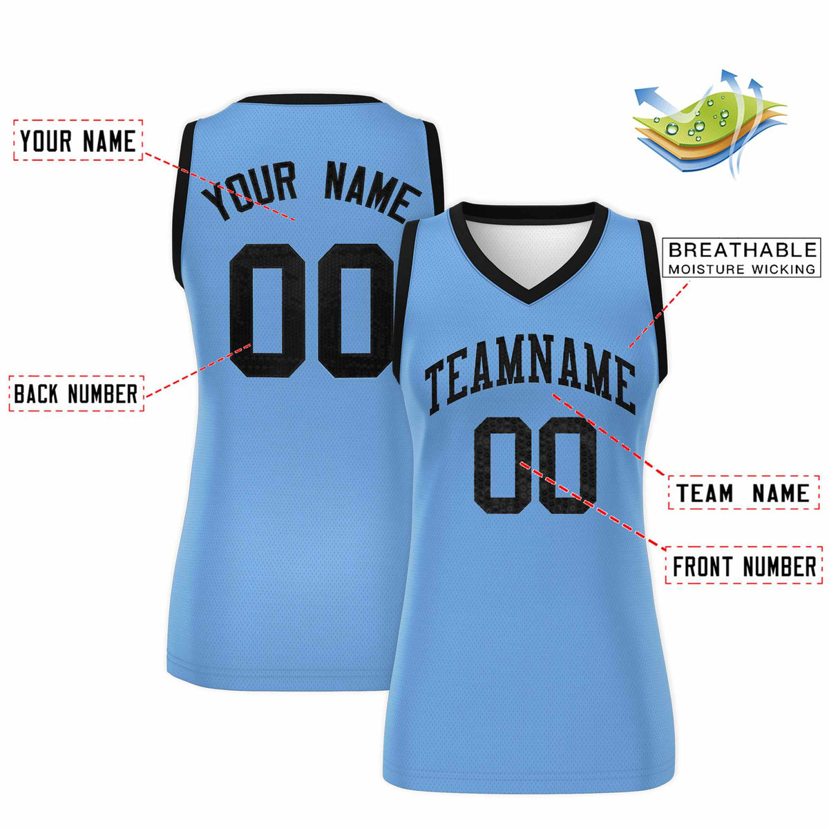 Custom Light Blue Black Women Basketball Jersey Sequined Dress