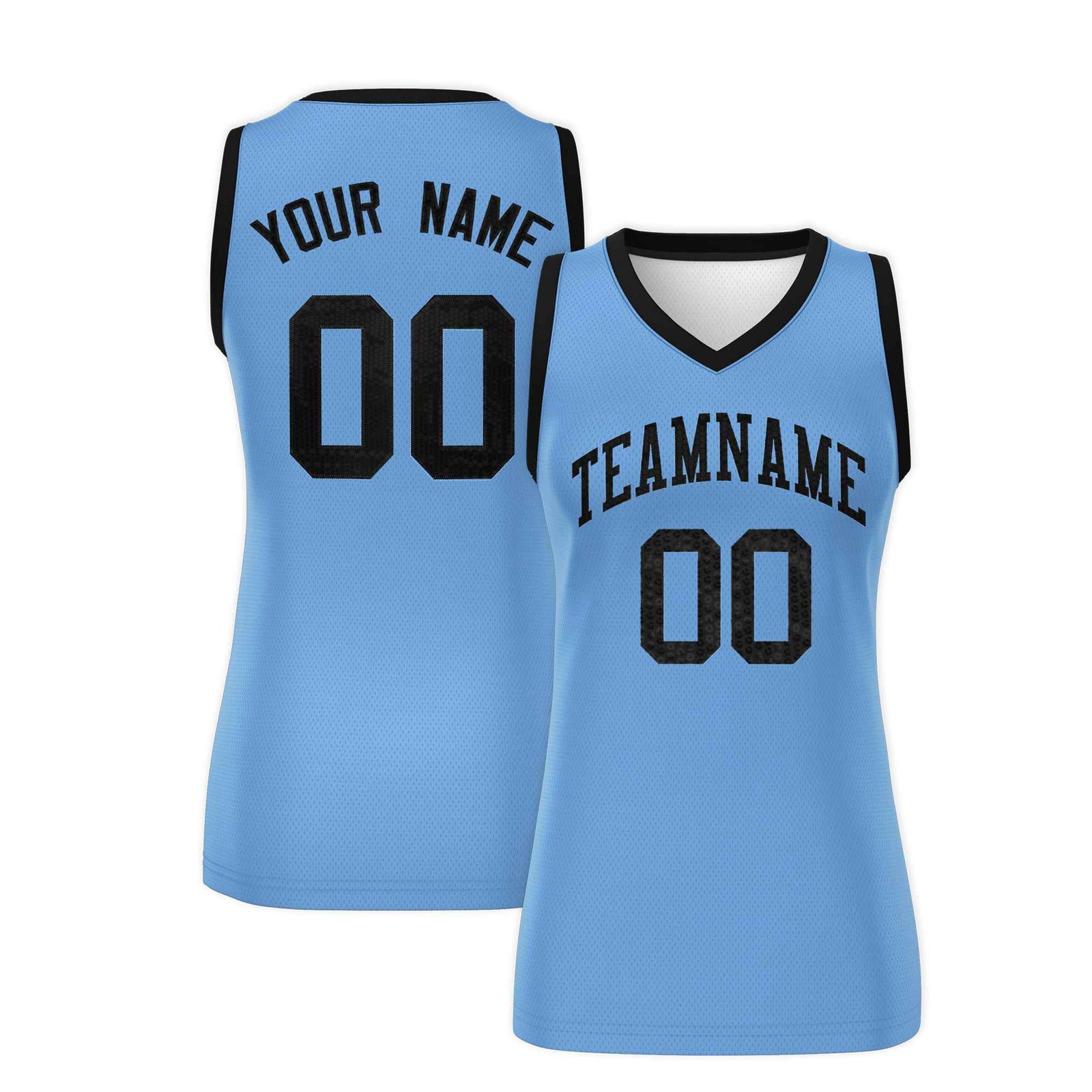 Custom Light Blue Black Women Basketball Jersey Sequined Dress