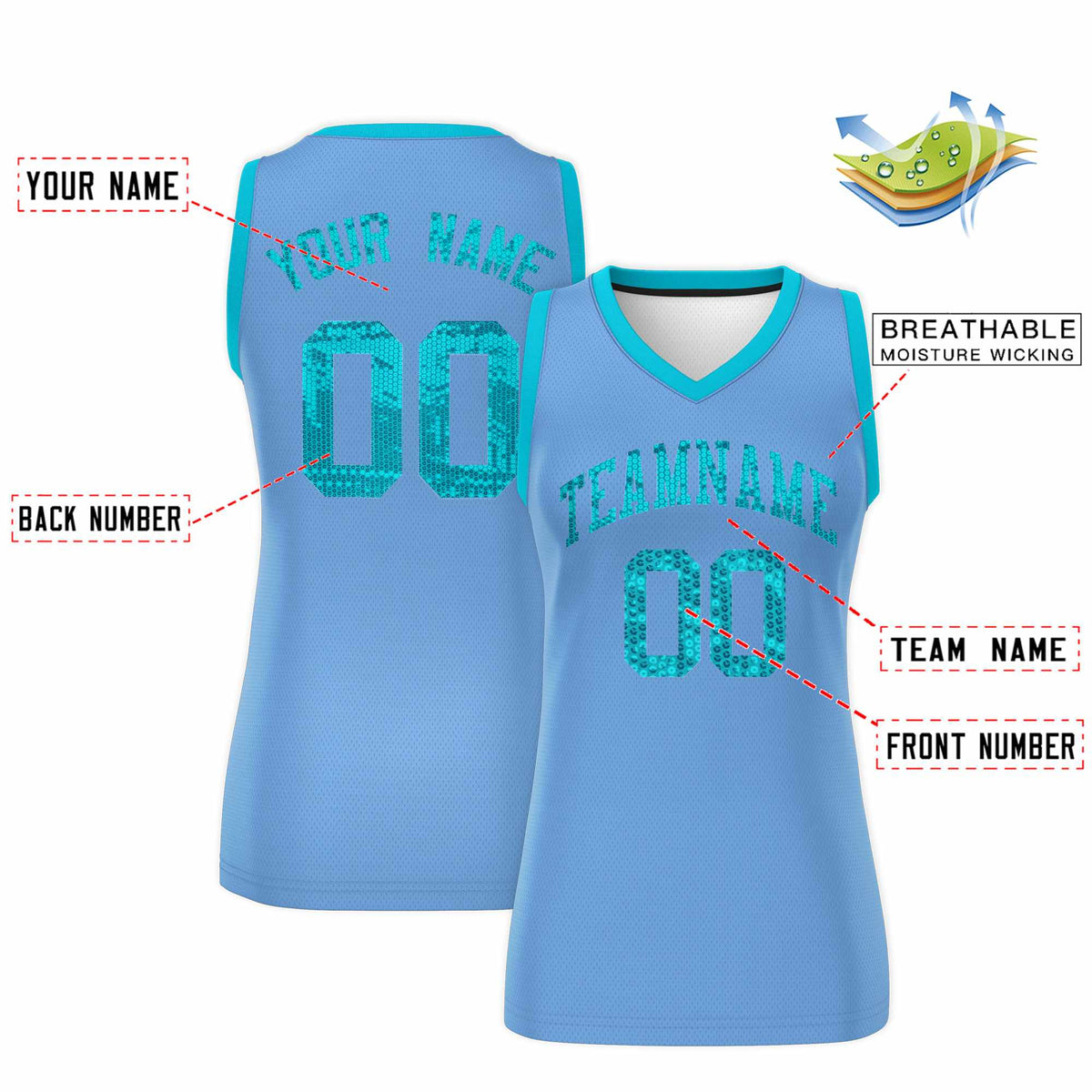 Custom Light Blue Sky Blue Women Basketball Jersey Sequined Dress