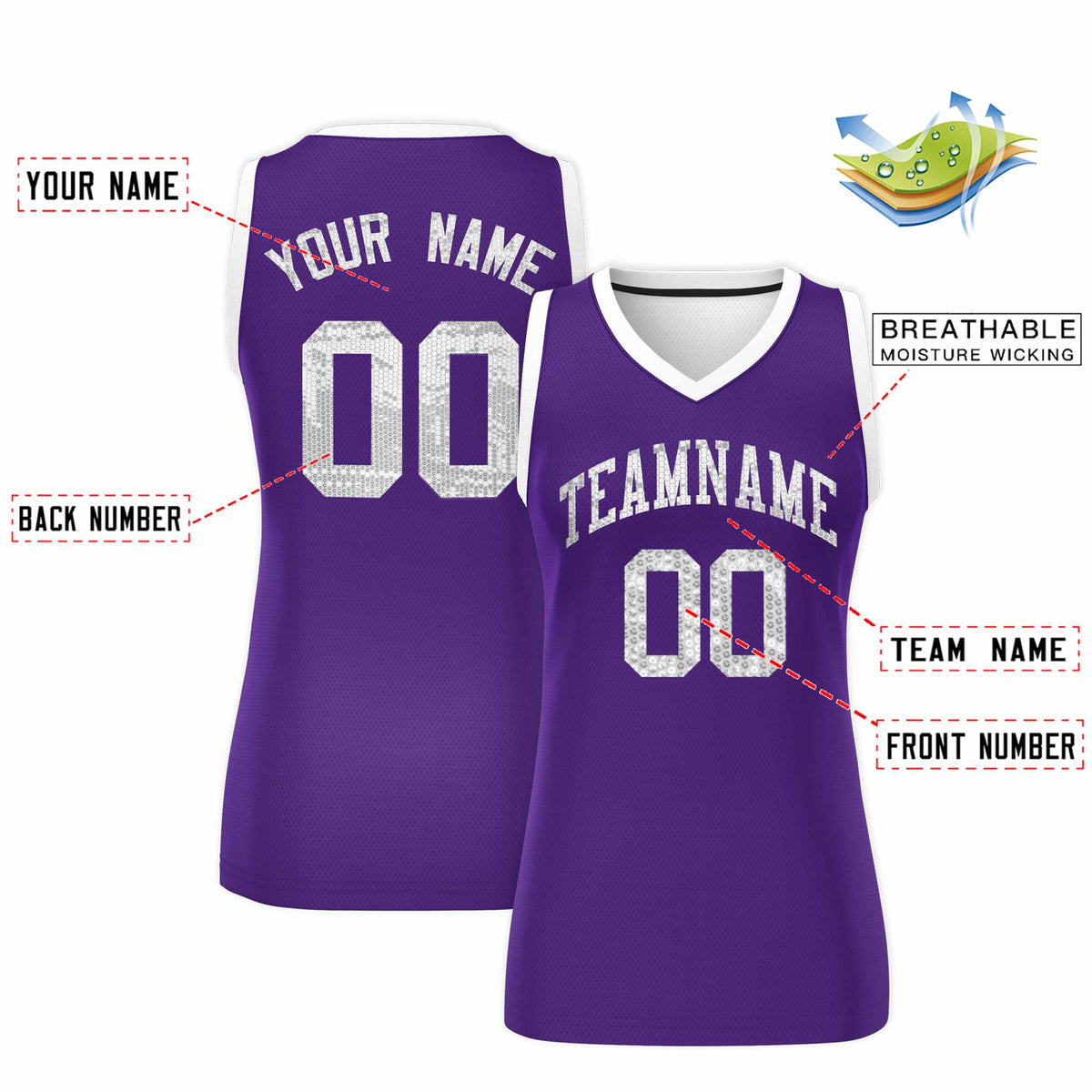 Custom Purple White Women Basketball Jersey Sequined Dress