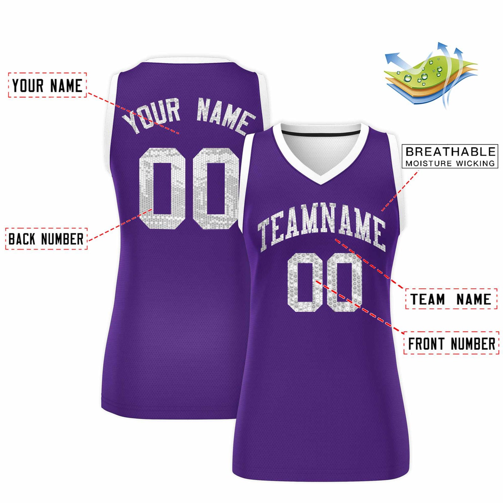 Custom Purple White Women Basketball Jersey Sequined Dress