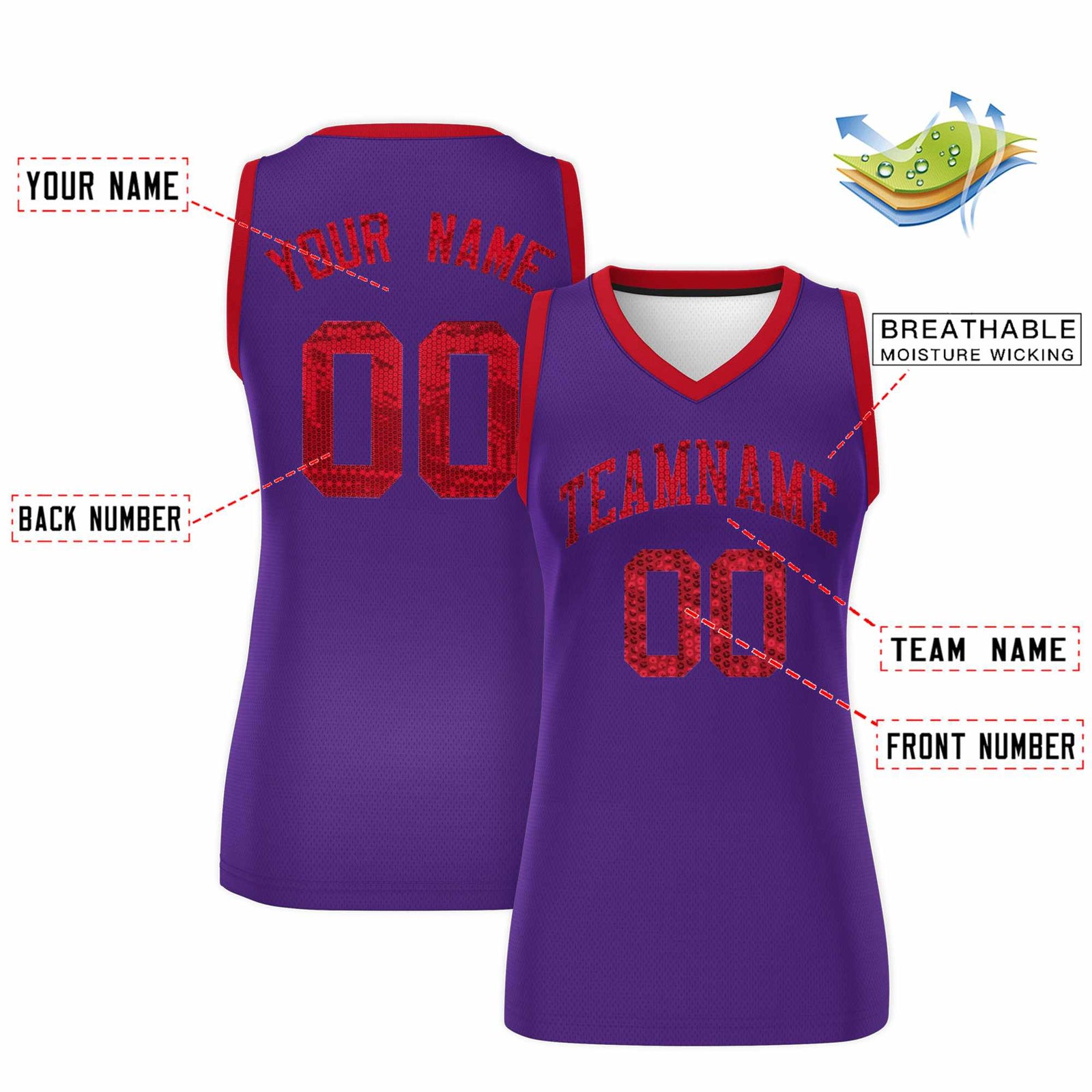 Custom Purple Red Women Basketball Jersey Sequined Dress
