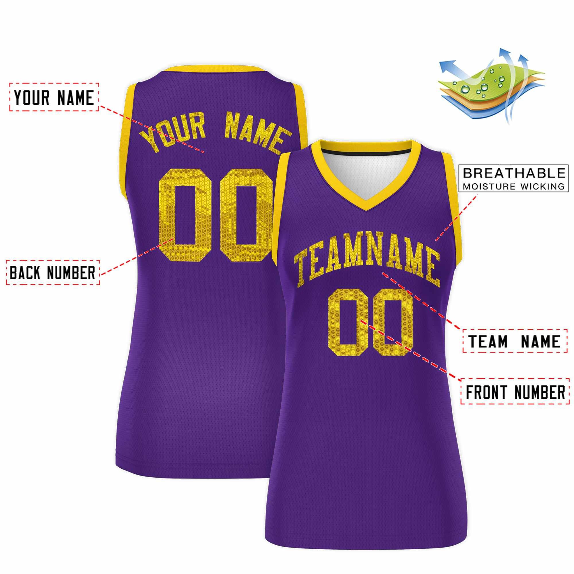 Custom Purple Gold Women Basketball Jersey Sequined Dress