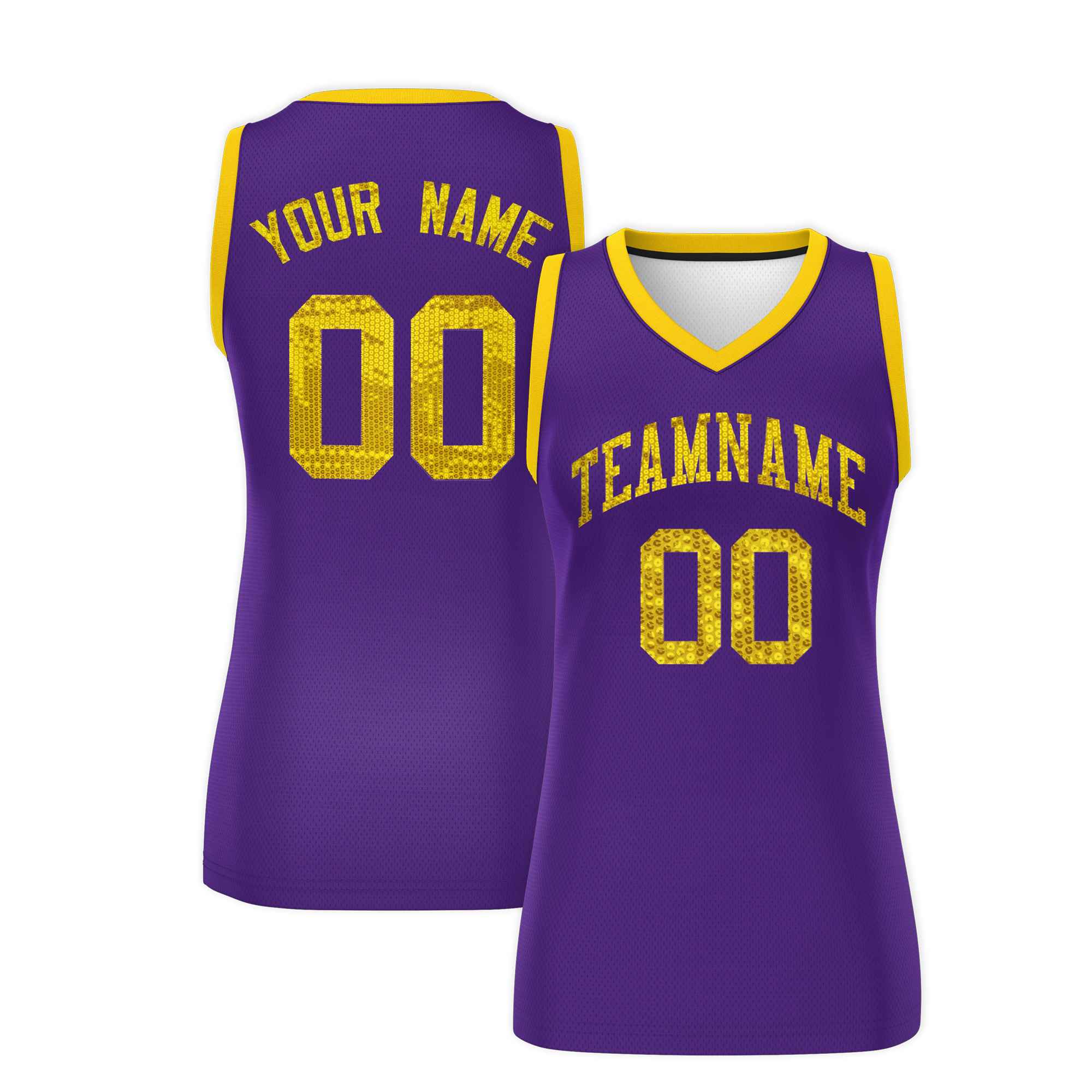 Custom Purple Gold Women Basketball Jersey Sequined Dress