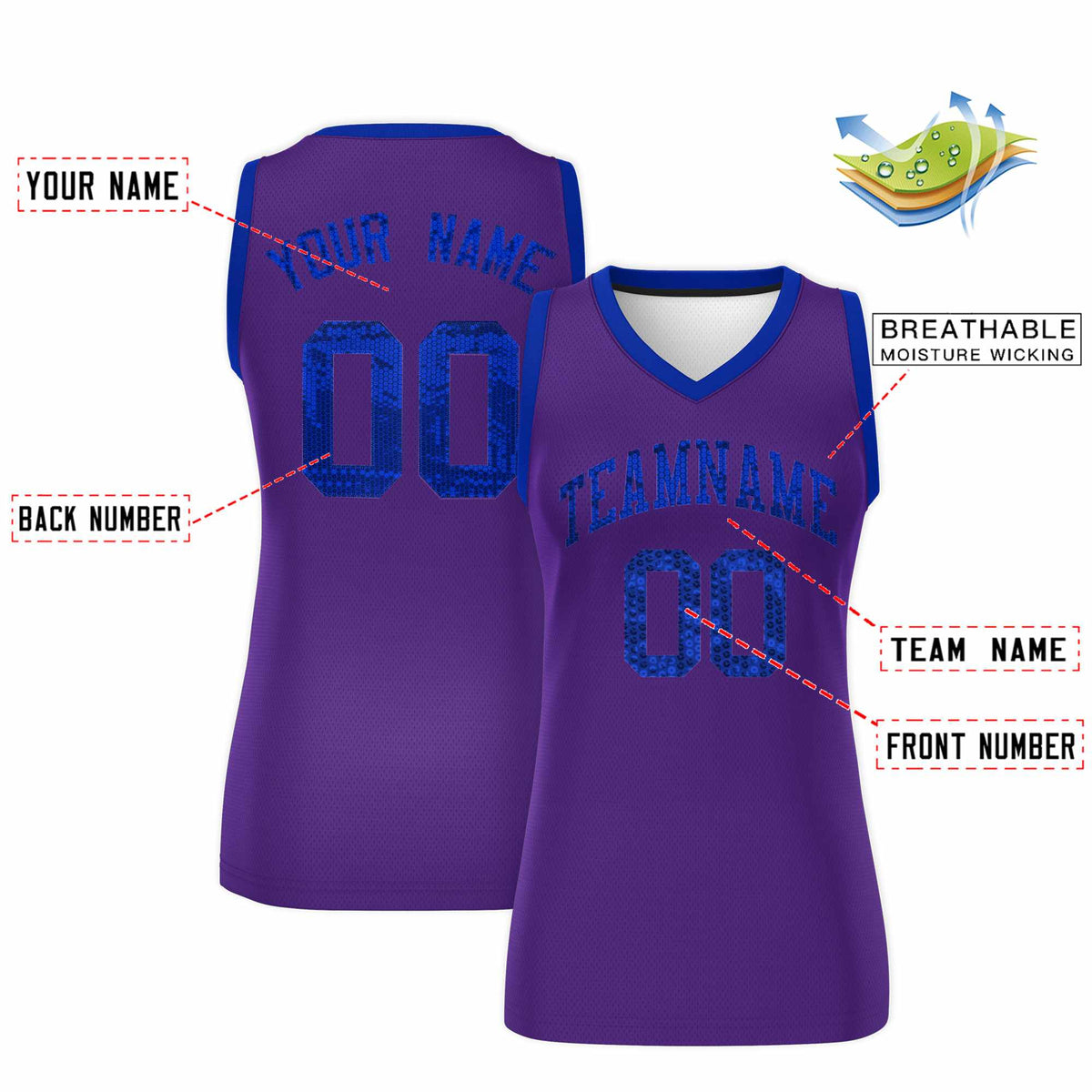 Custom Purple Royal Women Basketball Jersey Sequined Dress