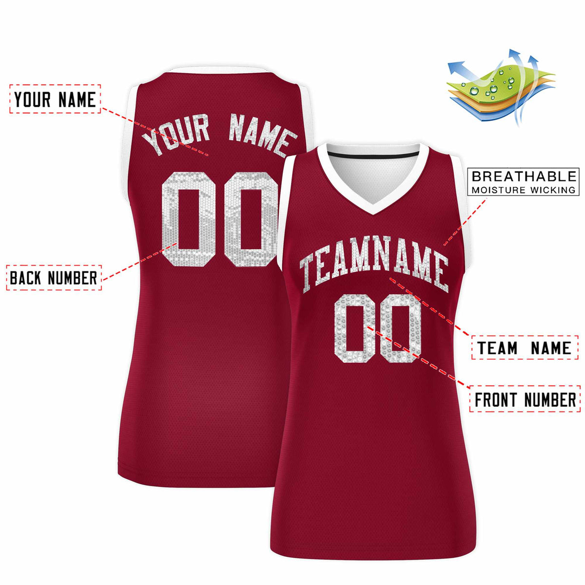 Custom Crimson White Women Basketball Jersey Sequined Dress