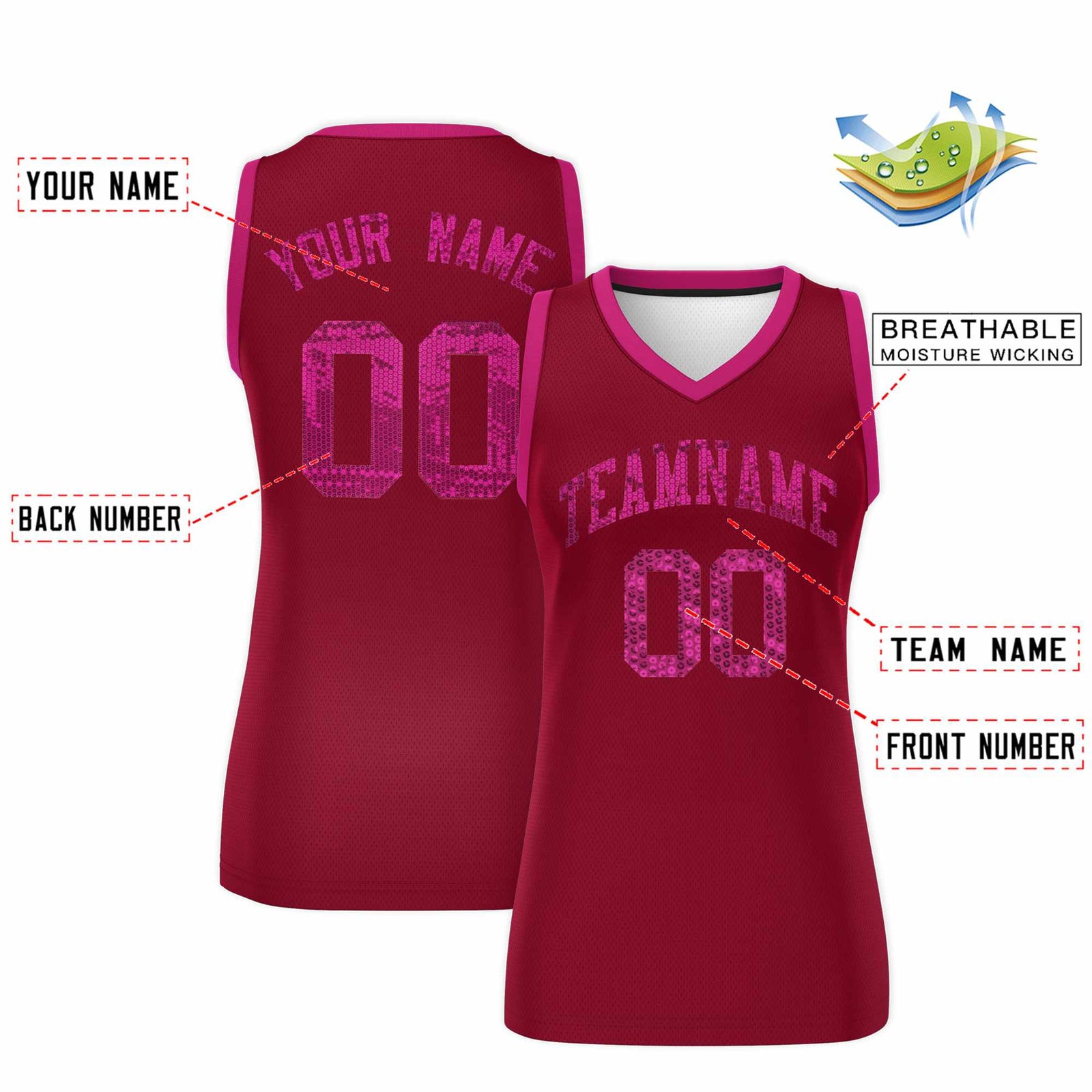 Custom Crimson Pink Women Basketball Jersey Sequined Dress