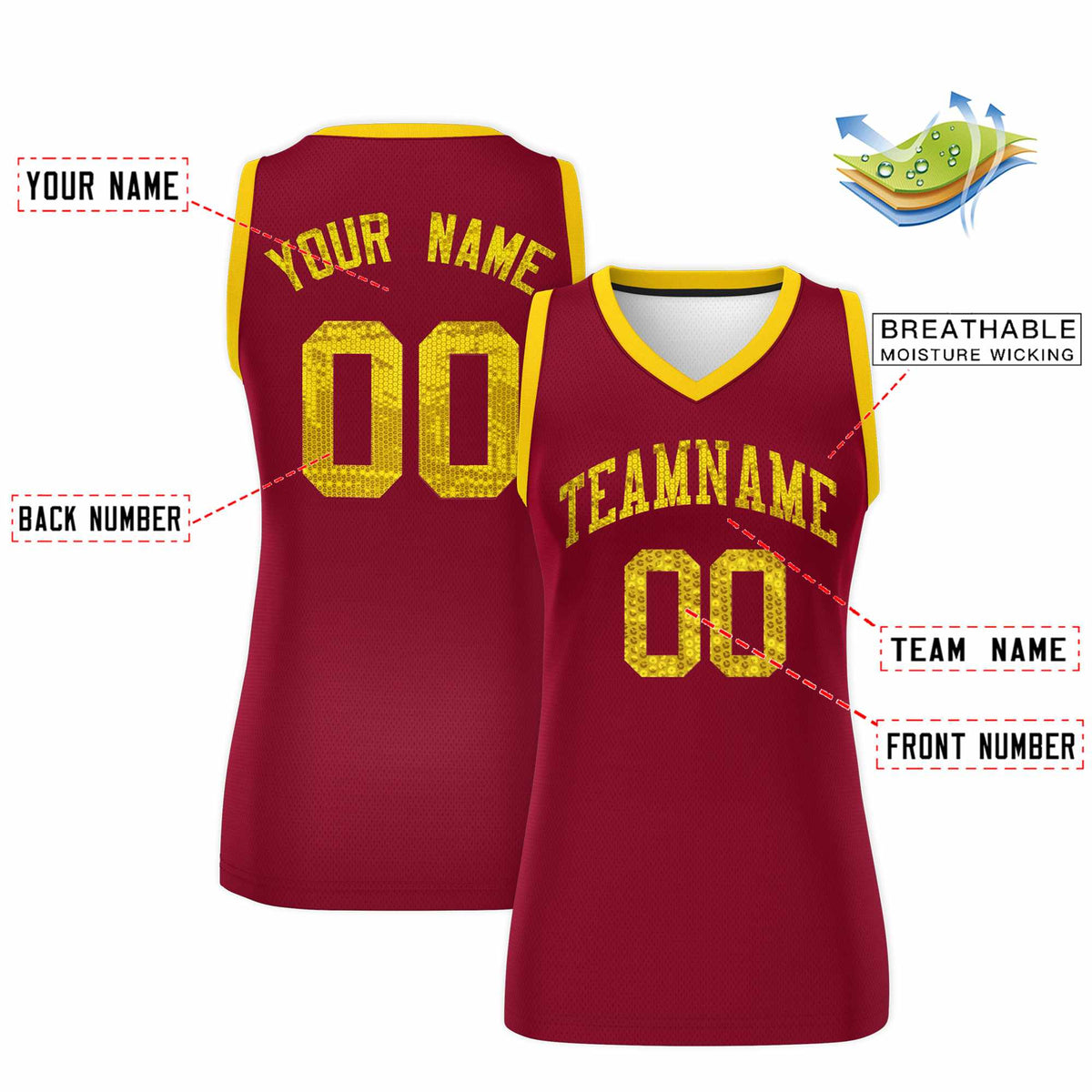 Custom Crimson Gold Women Basketball Jersey Sequined Dress