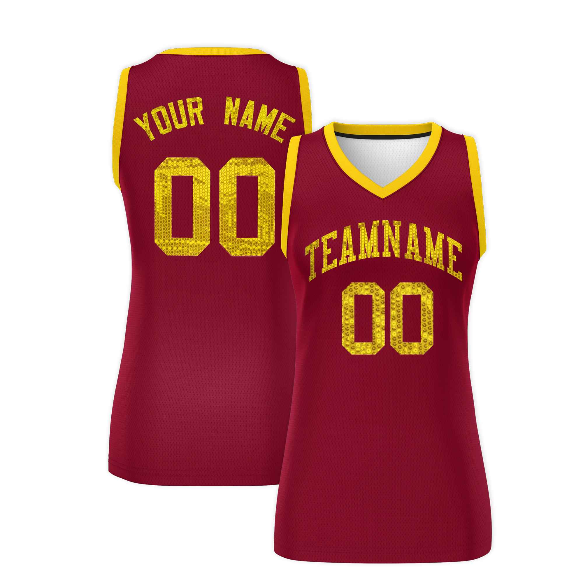 Custom Crimson Gold Women Basketball Jersey Sequined Dress