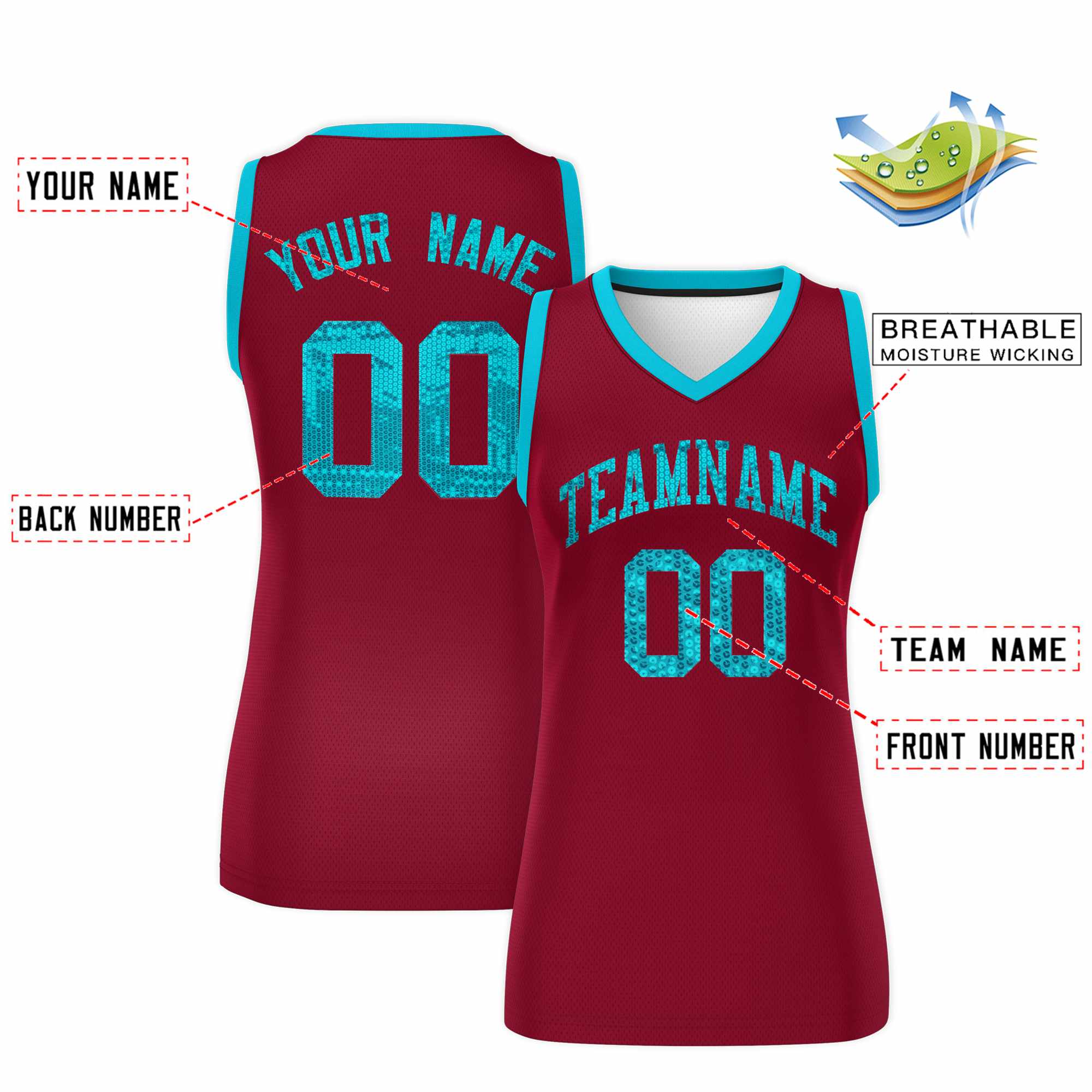 Custom Crimson Sky Blue Women Basketball Jersey Sequined Dress
