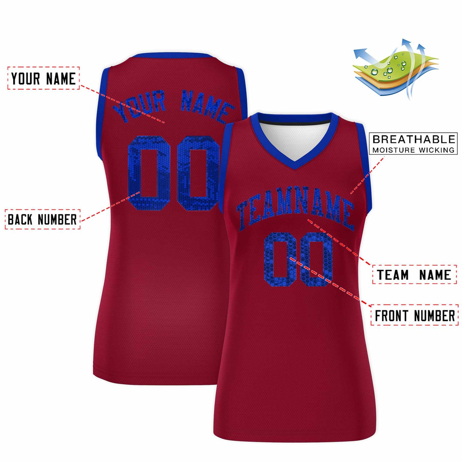 Custom Crimson Royal Women Basketball Jersey Sequined Dress