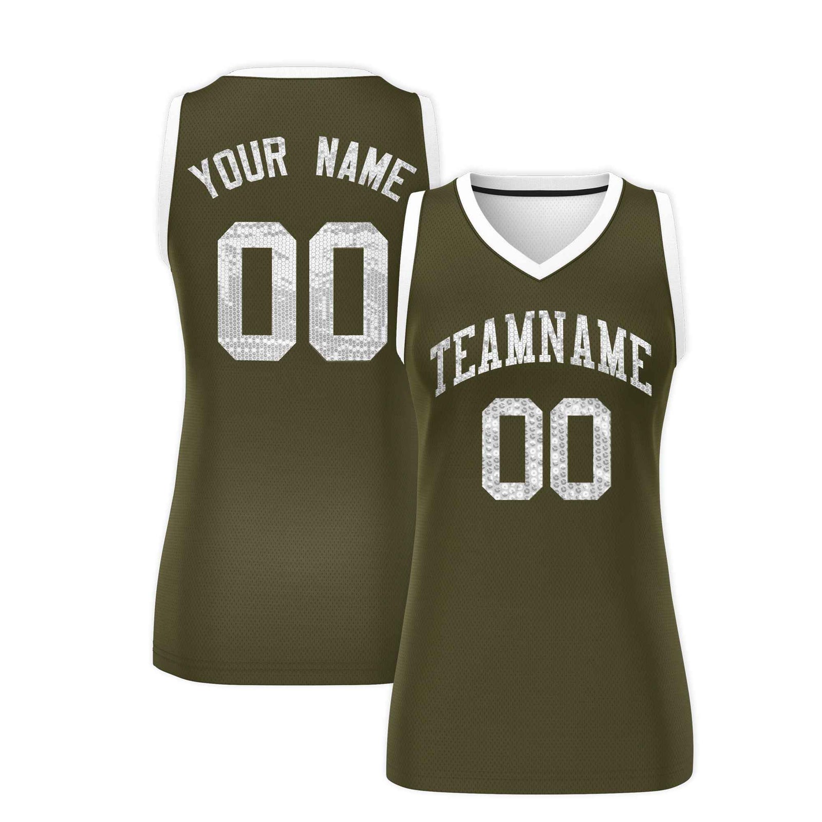 Custom Olive White Women Basketball Jersey Sequined Dress