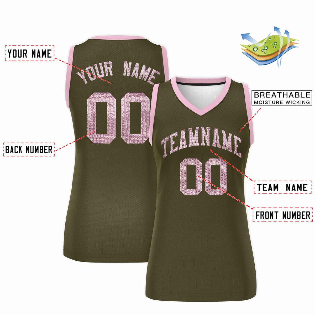 Custom Olive Light Pink Women Basketball Jersey Sequined Dress