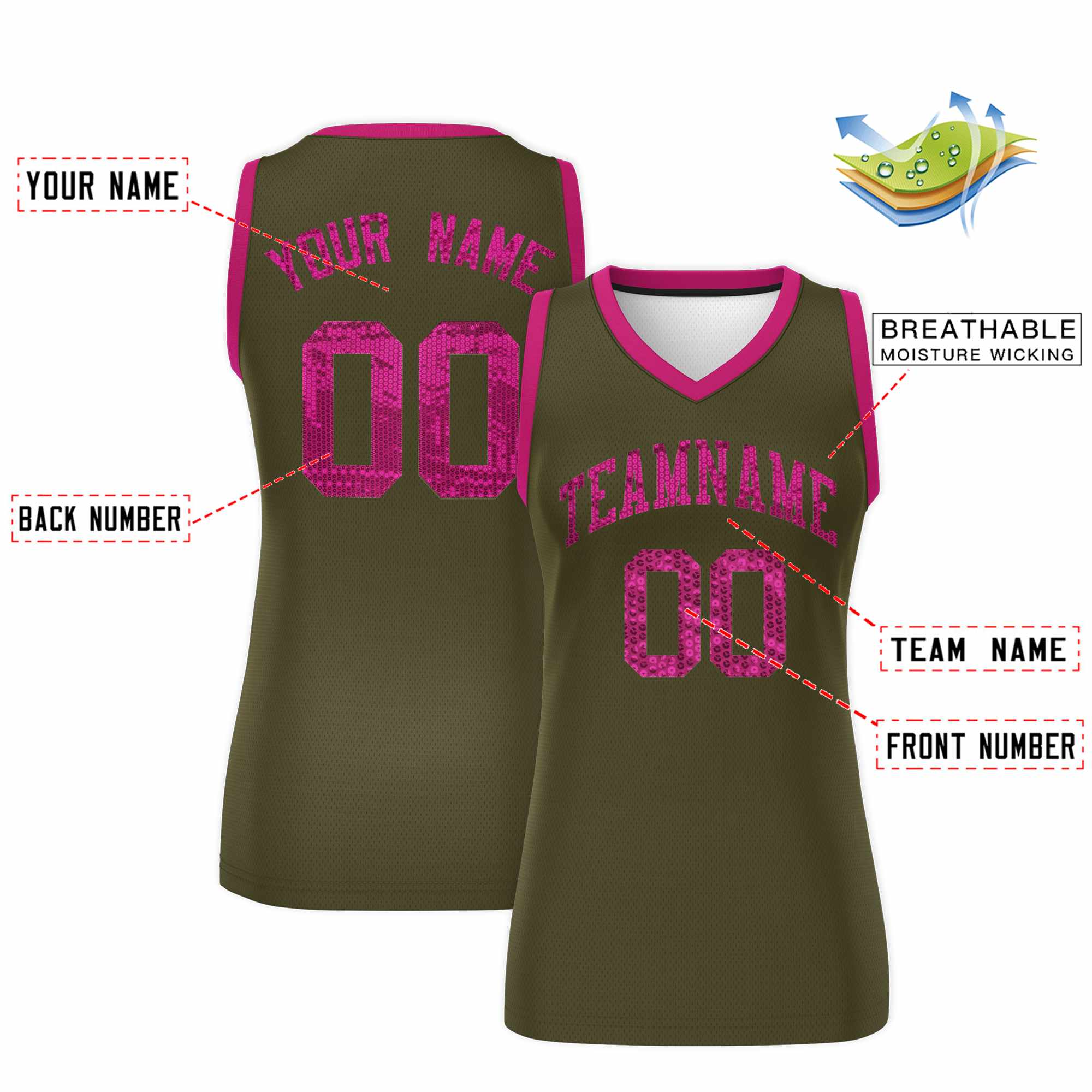Custom Olive Pink Women Basketball Jersey Sequined Dress