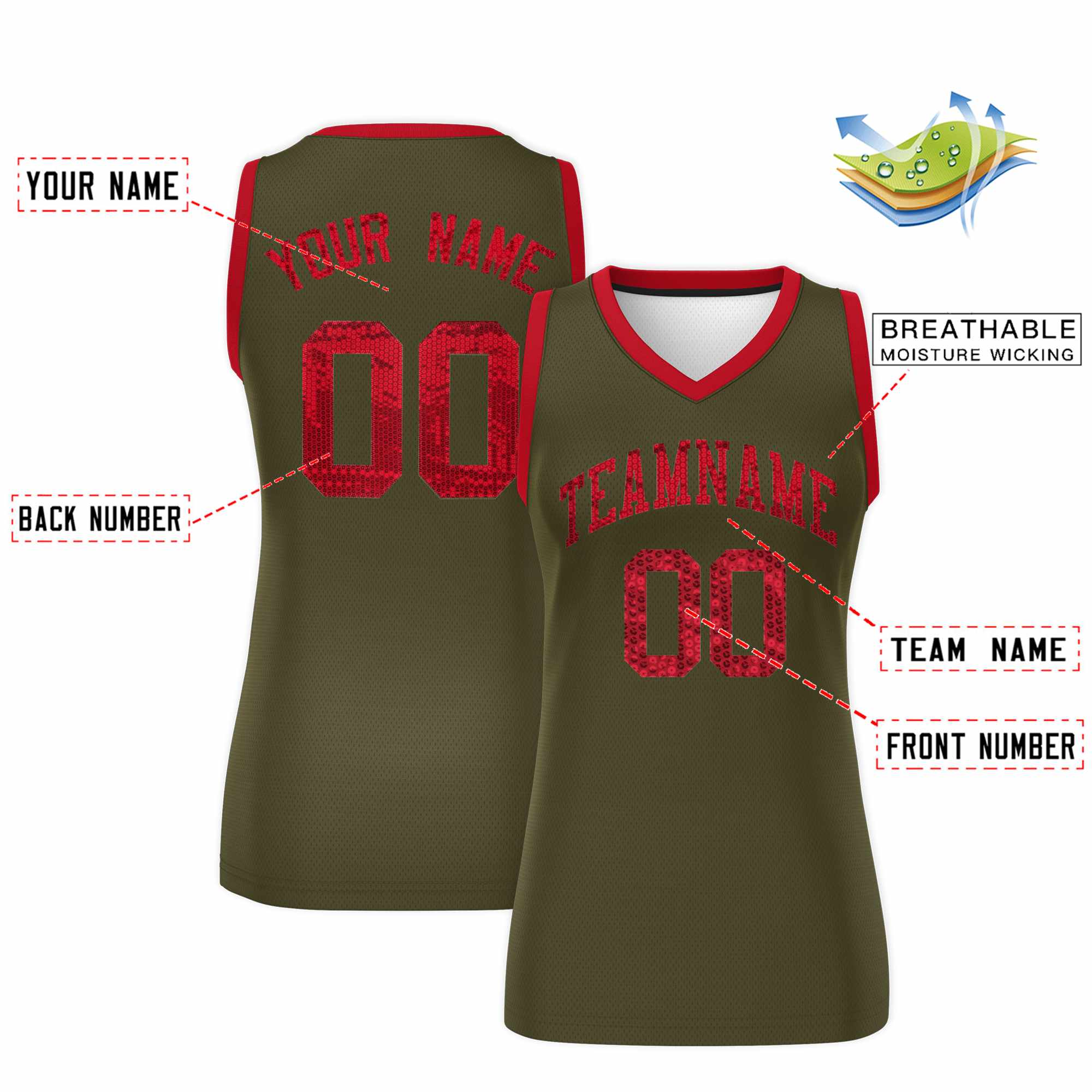 Custom Olive Red Women Basketball Jersey Sequined Dress