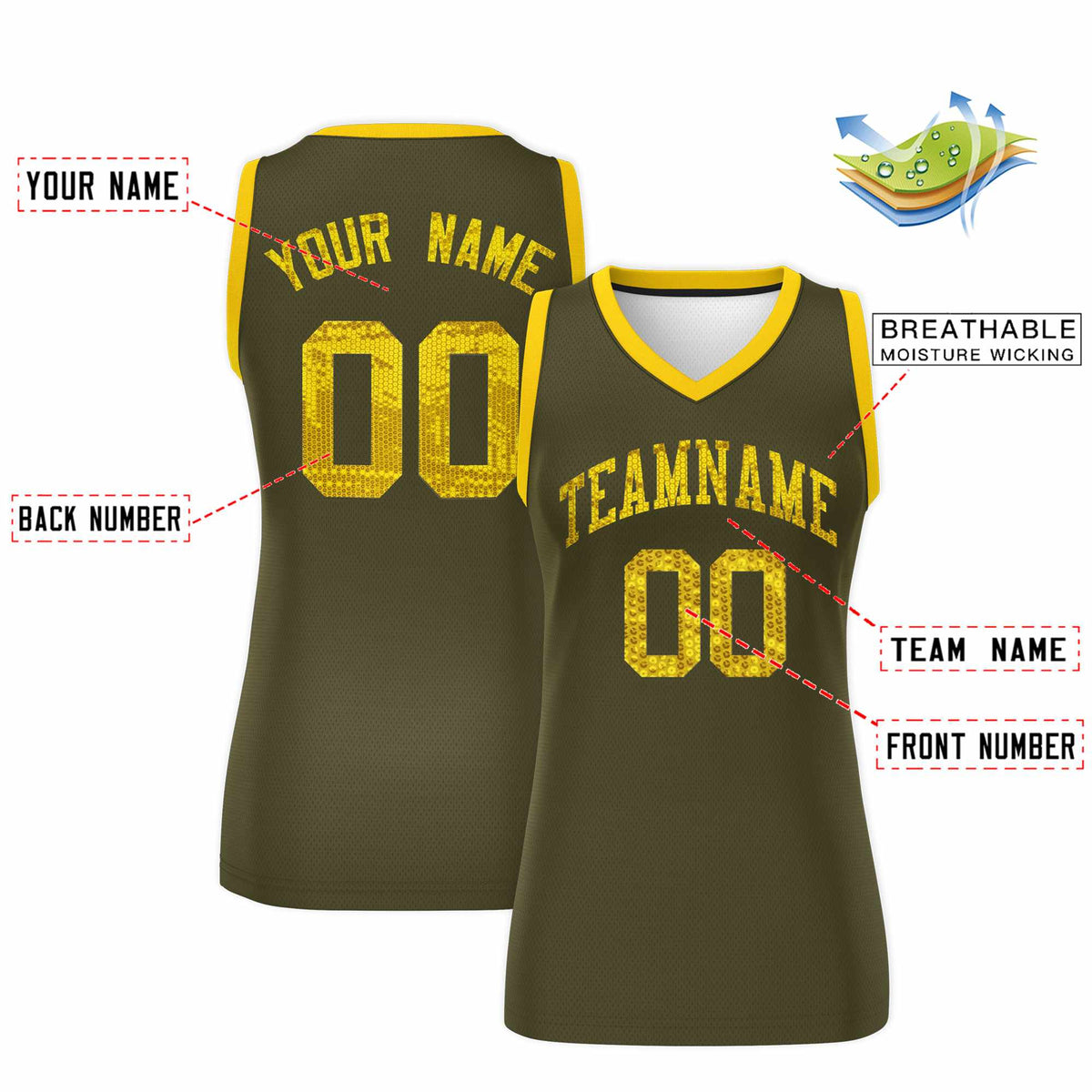 Custom Olive Gold Women Basketball Jersey Sequined Dress