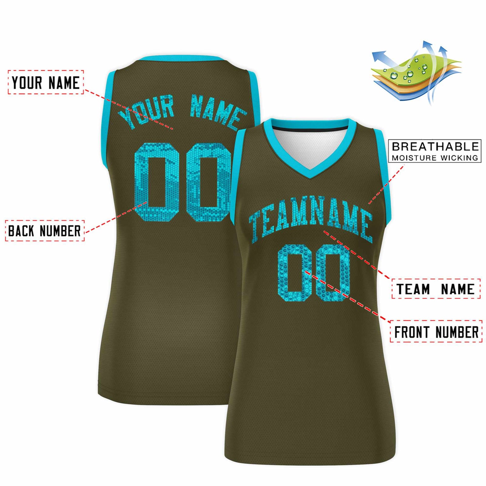 Custom Olive Sky Blue Women Basketball Jersey Sequined Dress